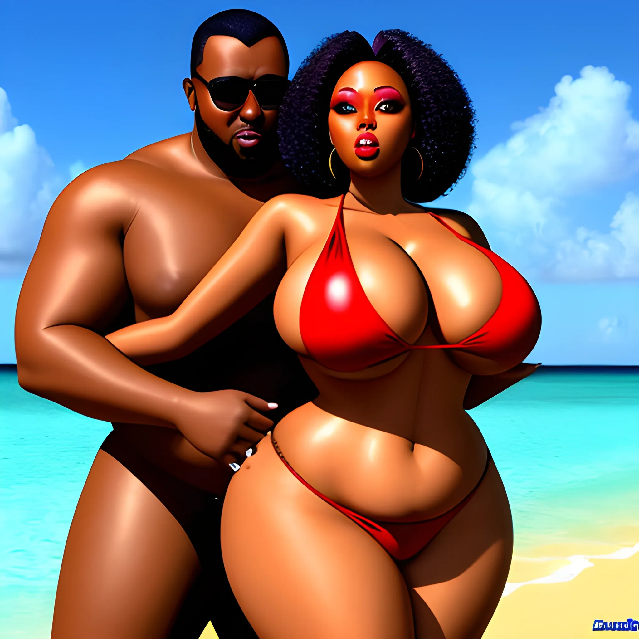 3D generate plus size Somali light skin woman with long legs voluptuous, big solid breasts, with curvy waist and curvy stomach, small shoulders, big hipps and big booty in bikini kissing her somali man standing next her, Trippy