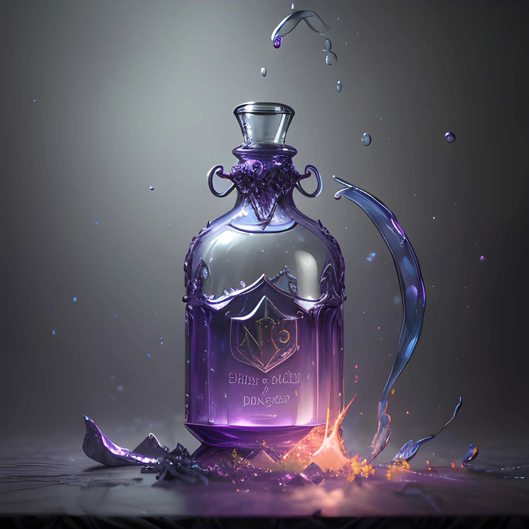 elixir, potion, bottle, fantasy, magic, sparks, 8k, high resolution, high quality, photorealistic, hyperrealistic, detailed, detailed matte painting, deep color, fantastical, intricate detail, splash screen, complementary colors, fantasy concept art, 8k resolution trending on Artstation Unreal Engine, 3D