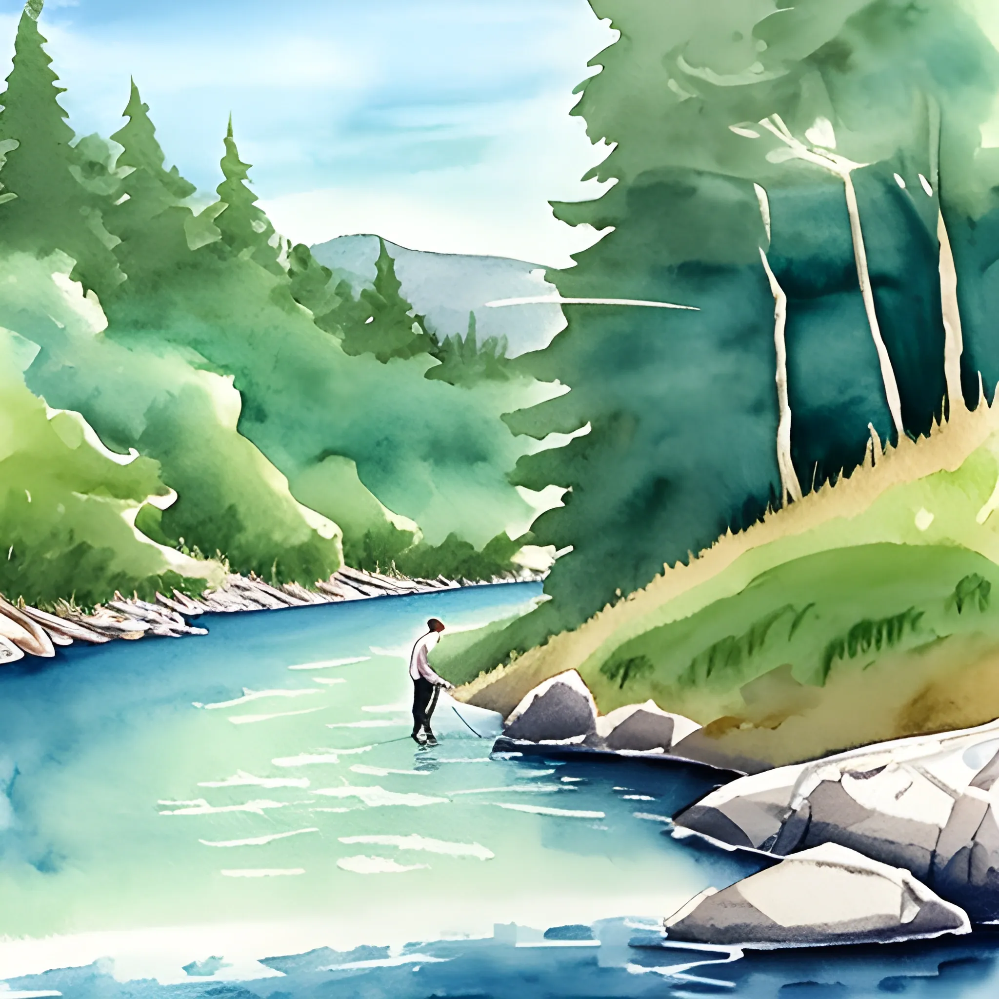 Boy fishing by the river, Cartoon, Water Color