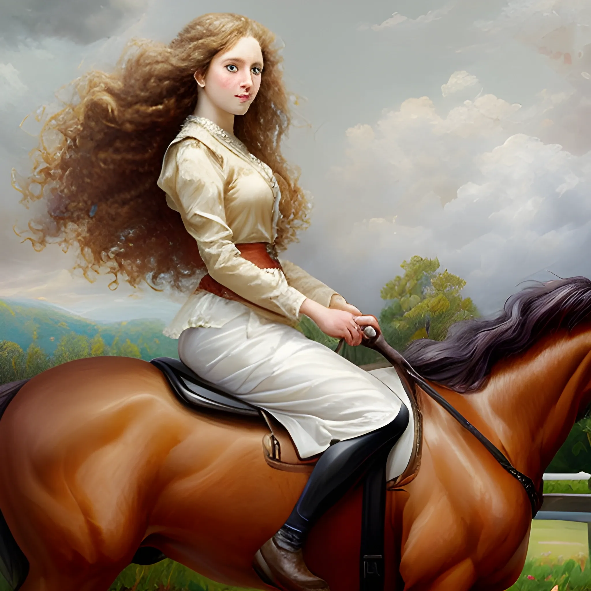 , Oil Painting woman long curly hair riding horse
