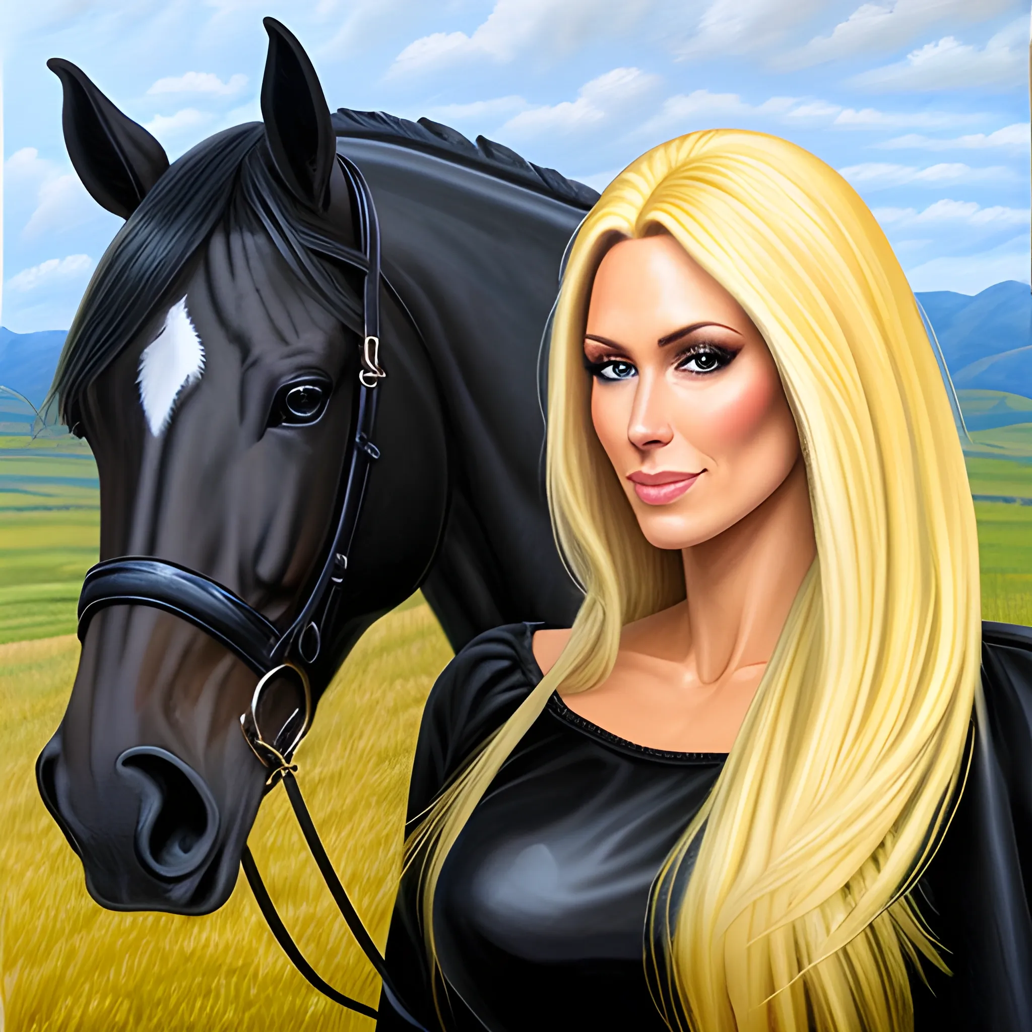 , Oil Painting little girl blond  hair riding small black horse

