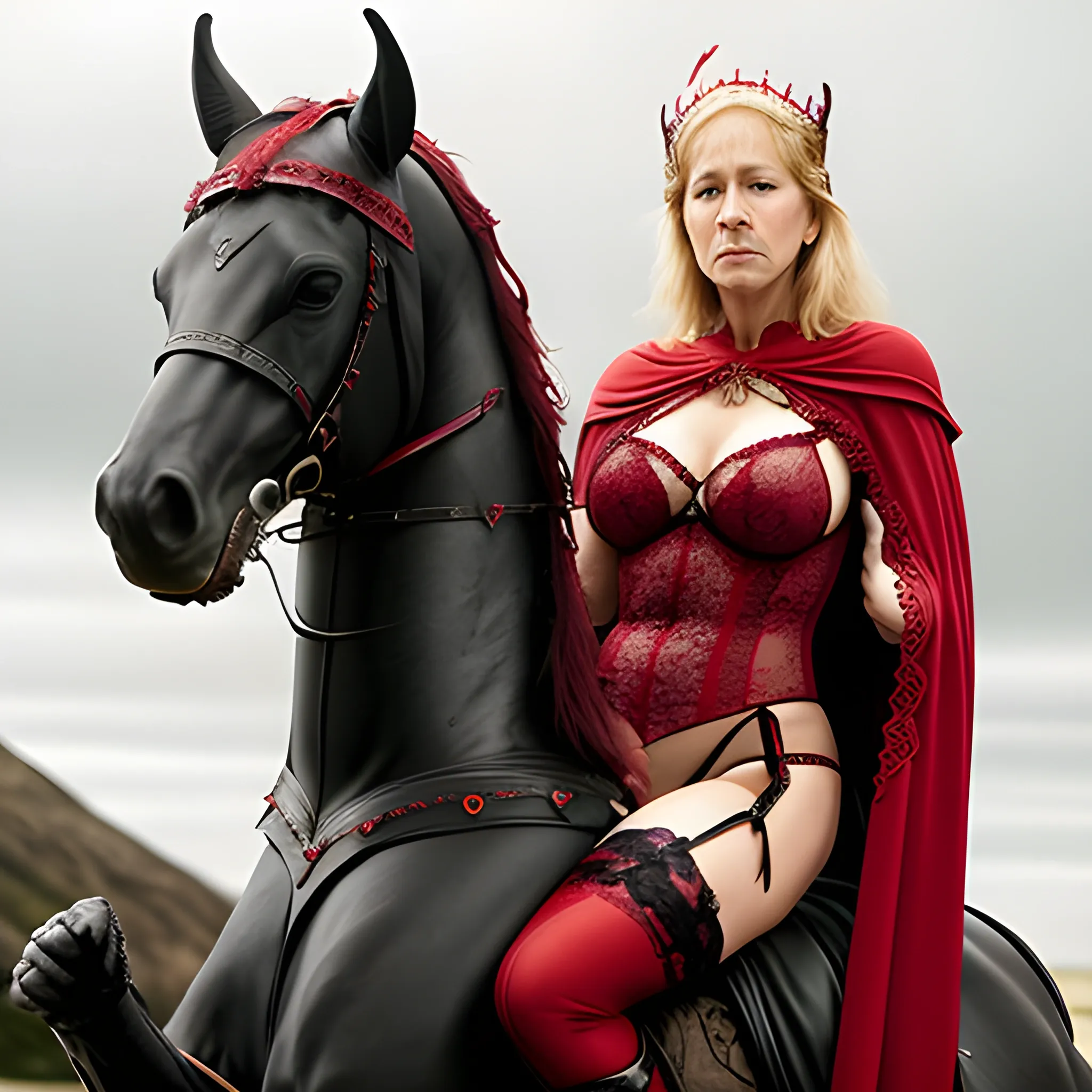 helen mirren in viking helmet sexy body armour black cape, riding a horse in red lace teddy lingerie lace thigh high red lace stocking tops garter belt ribbons  full body view