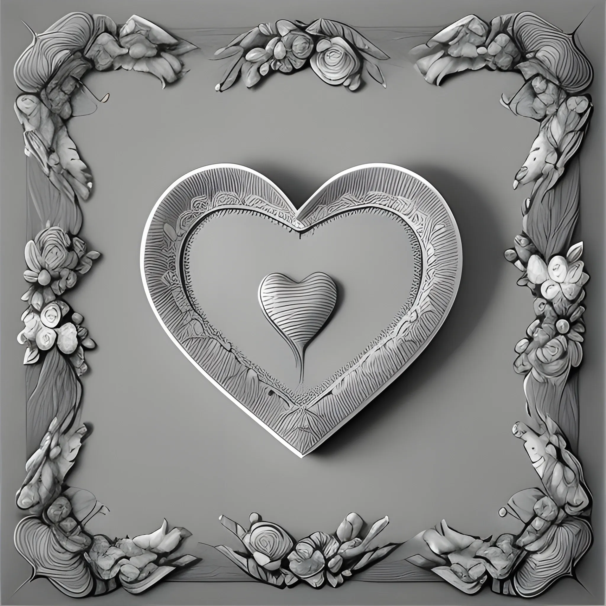 Coaster top view valentine's day, 3d fantasy art , grayscale 4k , flowers and hearts , painting art love theme super detailed , Pencil Sketch