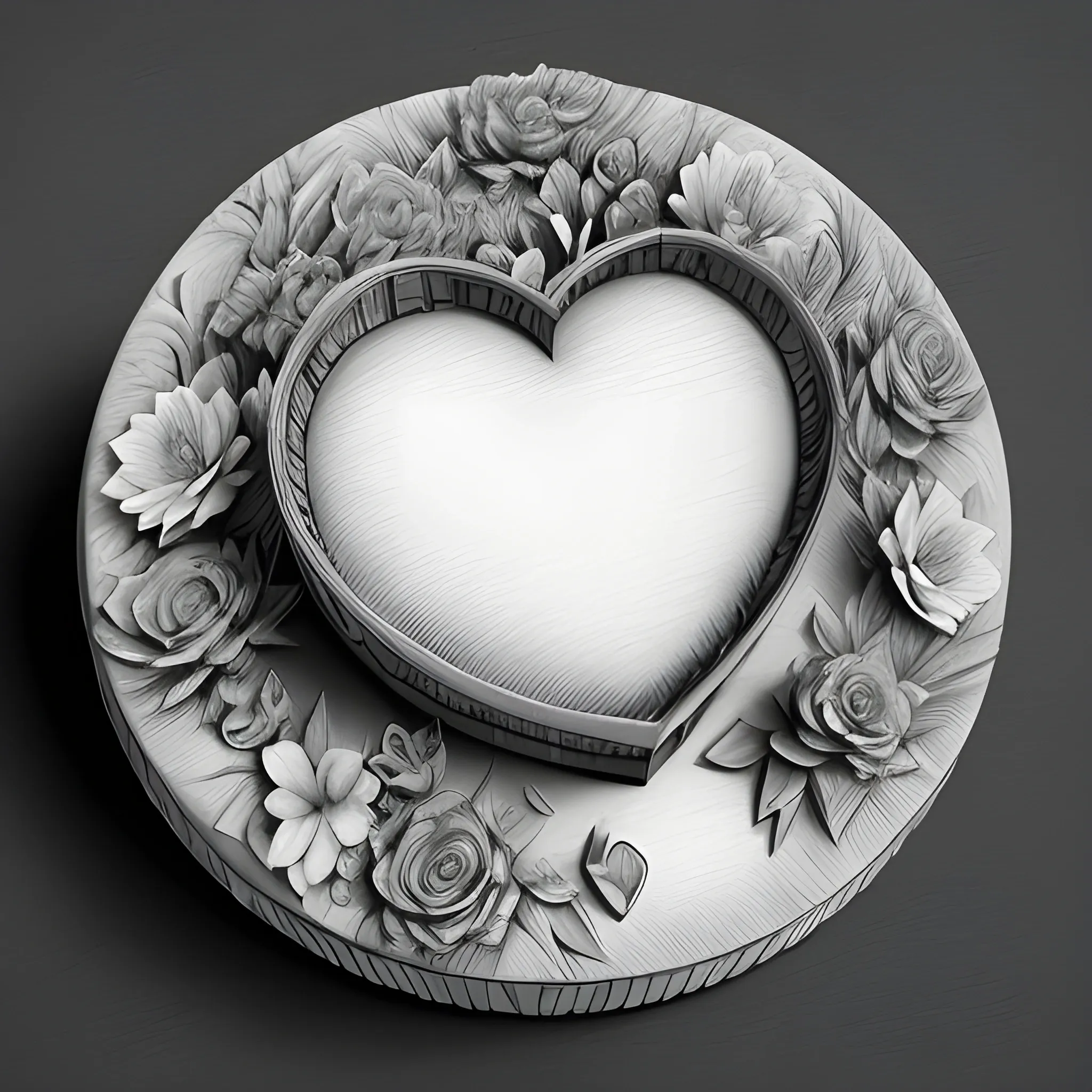 Coaster top view valentine's day, 3d fantasy art , grayscale 4k , flowers and hearts , painting art love theme super detailed , Pencil Sketch