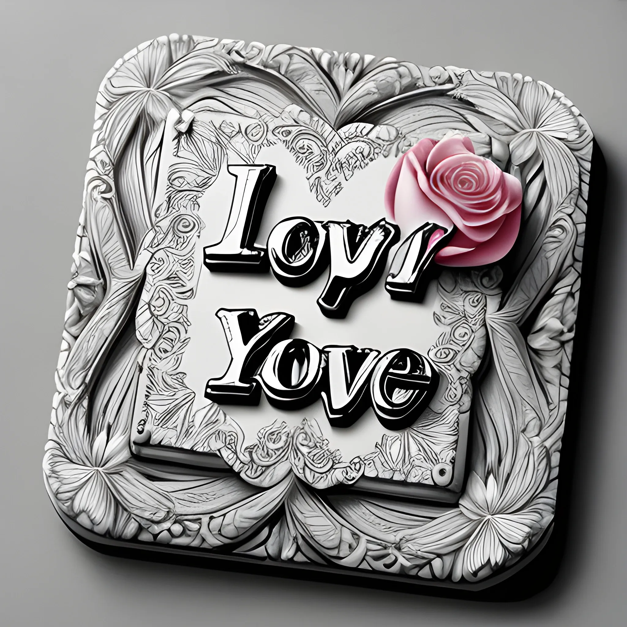 Coaster square top view valentine's day, I love you writing in centre, 3d fantasy art , grayscale 4k , flowers and hearts , painting art love theme super detailed , Pencil Sketch