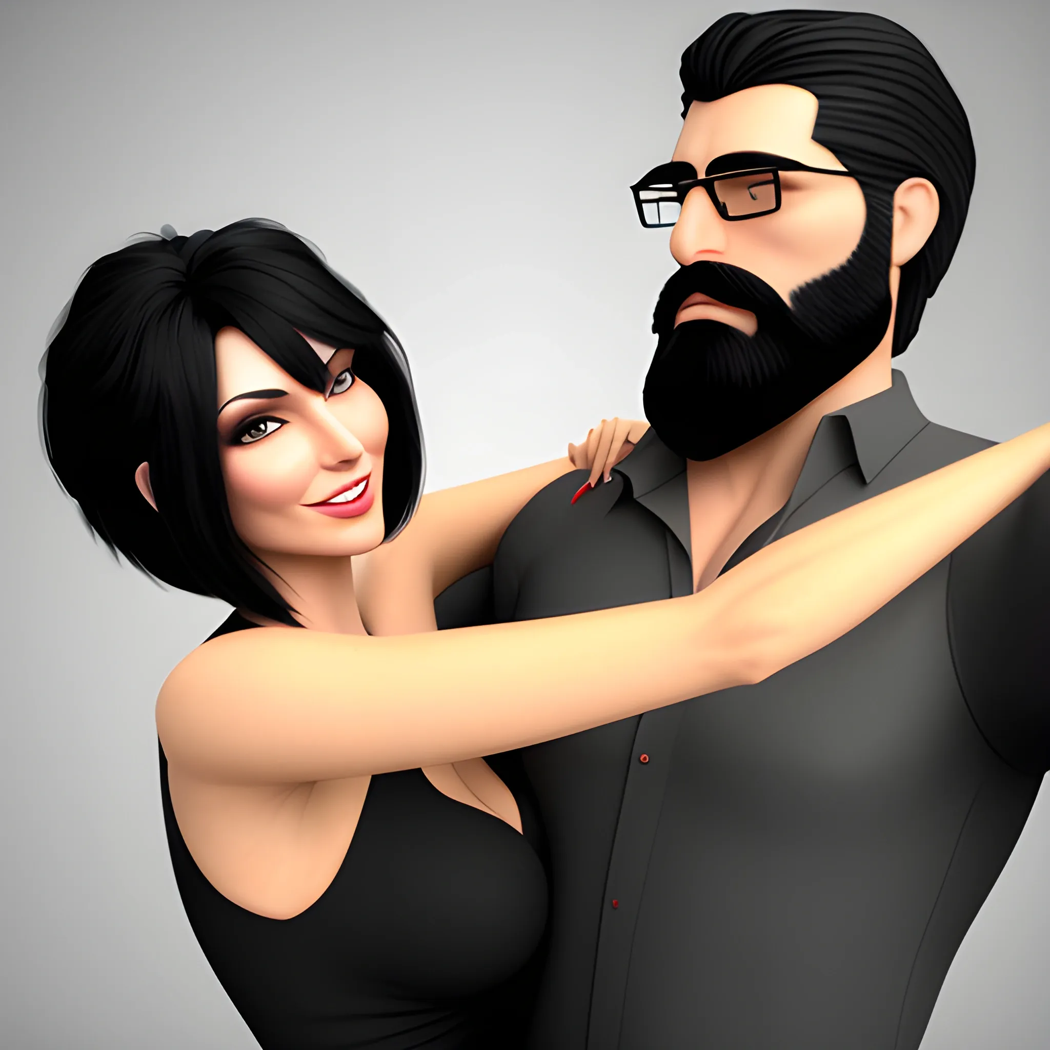 , 3D short black haired girl, reaching up to hug a tall dark haired bearded man
