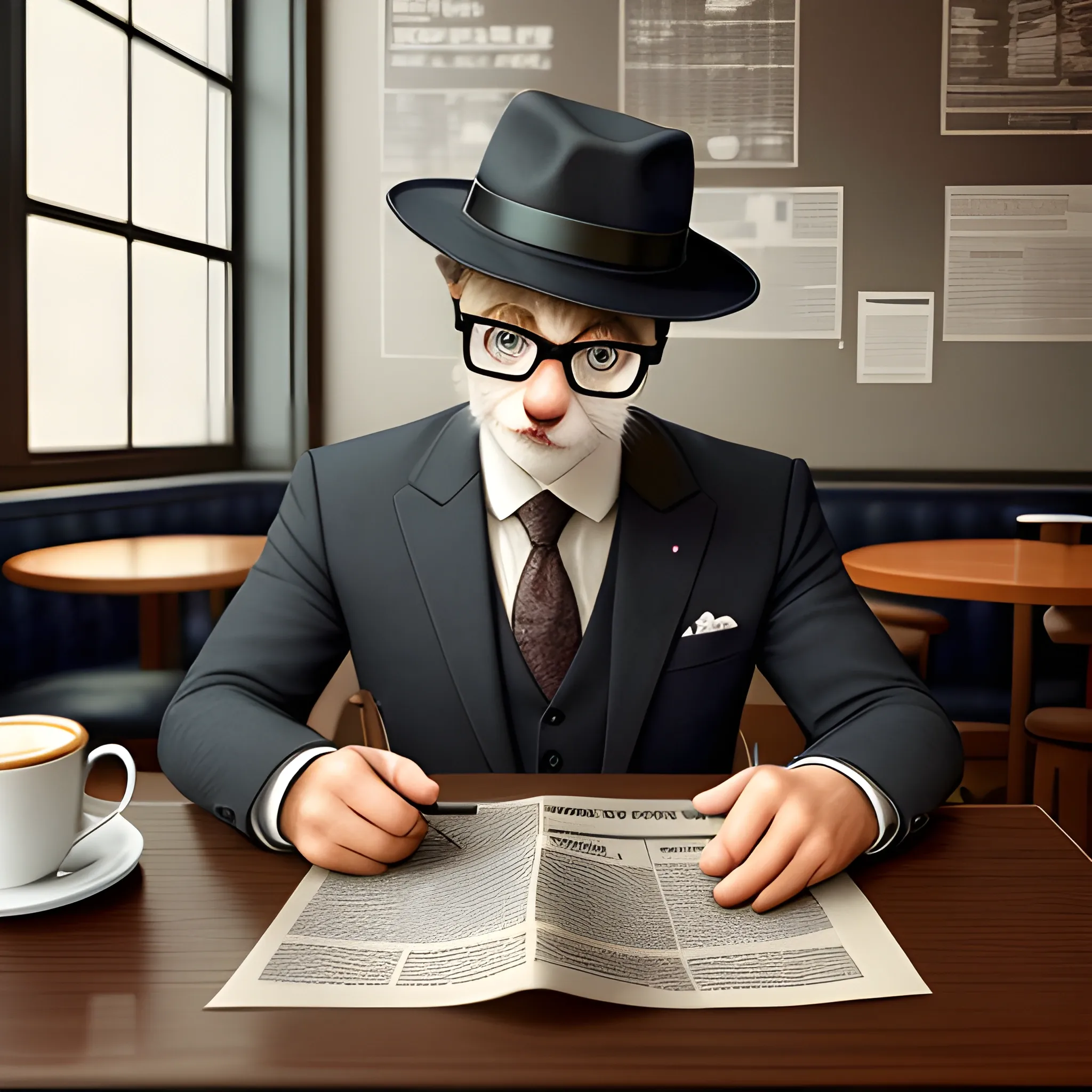 a cat in a suit, glasses and a hat sits in a cafe with a cup of coffee. There is a newspaper on the table nearby. hyper -detailed, trending on art station, sharp focus, studio photo, intricate details, highly detailed.