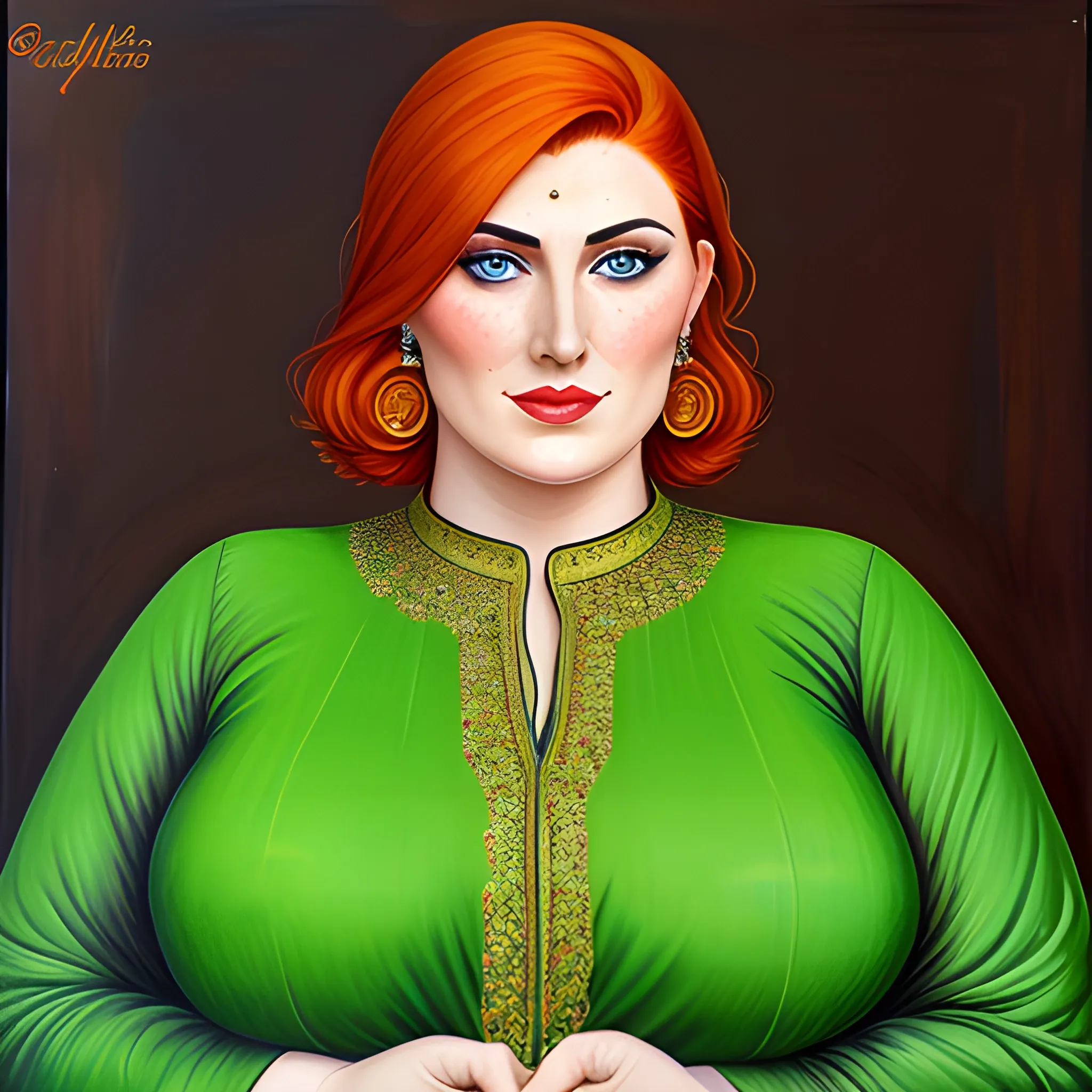 Big Ginger girl with high cheekbones and freckles and green eyes wearing shalwar kameez, Oil Painting