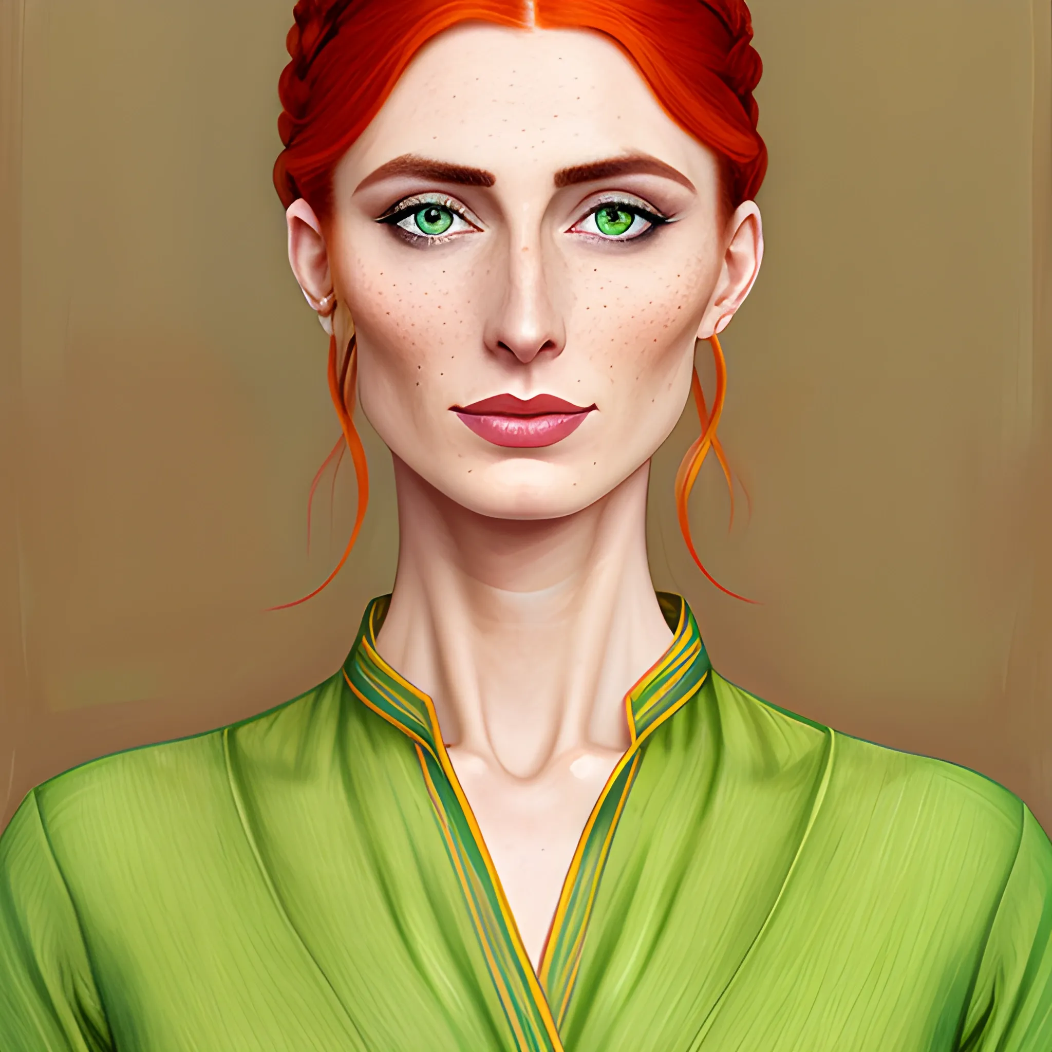 British Ginger girl with high cheekbones and freckles and green eyes with her hair tied tightly upward wearing shalwar kameez, Oil Painting