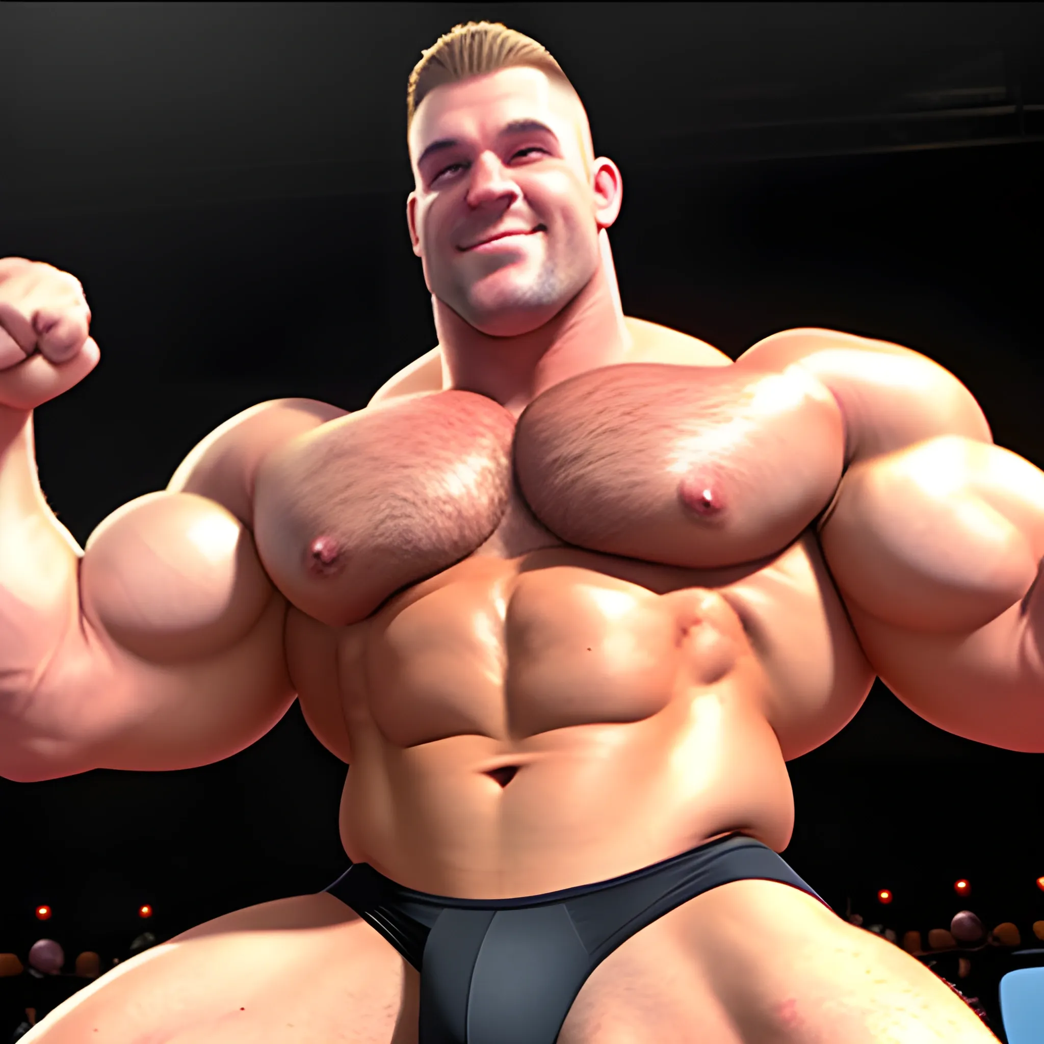 3D hot bodybuilder with massive huge, big man boobs wearing a  