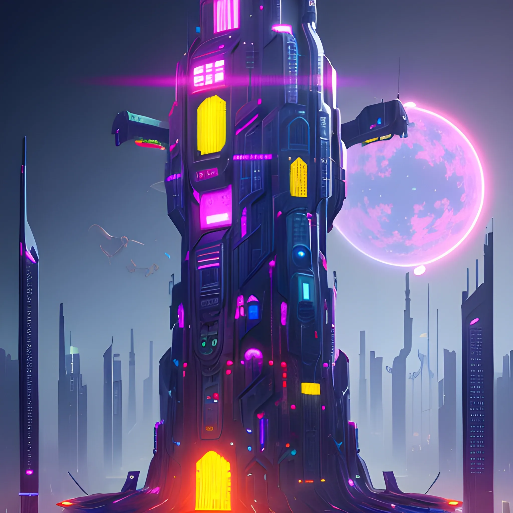 digital Illustration of the Babel tower, cyber punk, 4k, detailed, trending in artstation, fantasy vivid colors