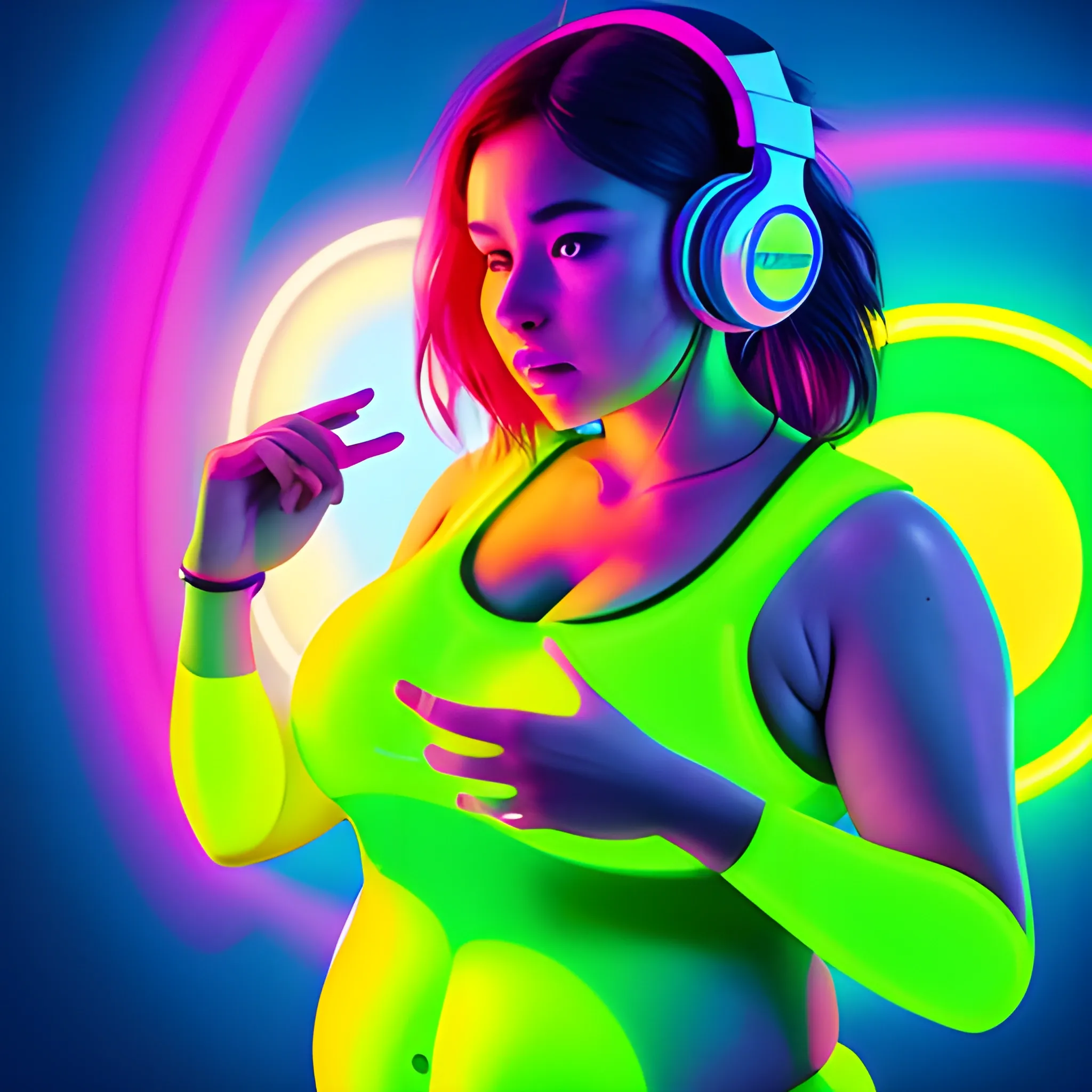 Hyper-realistic image of {Subject}, woman with a rather round body, dj headphone, wearing ultra-bright neon paint, {Setting}. HD, ultra-realistic, high quality image.