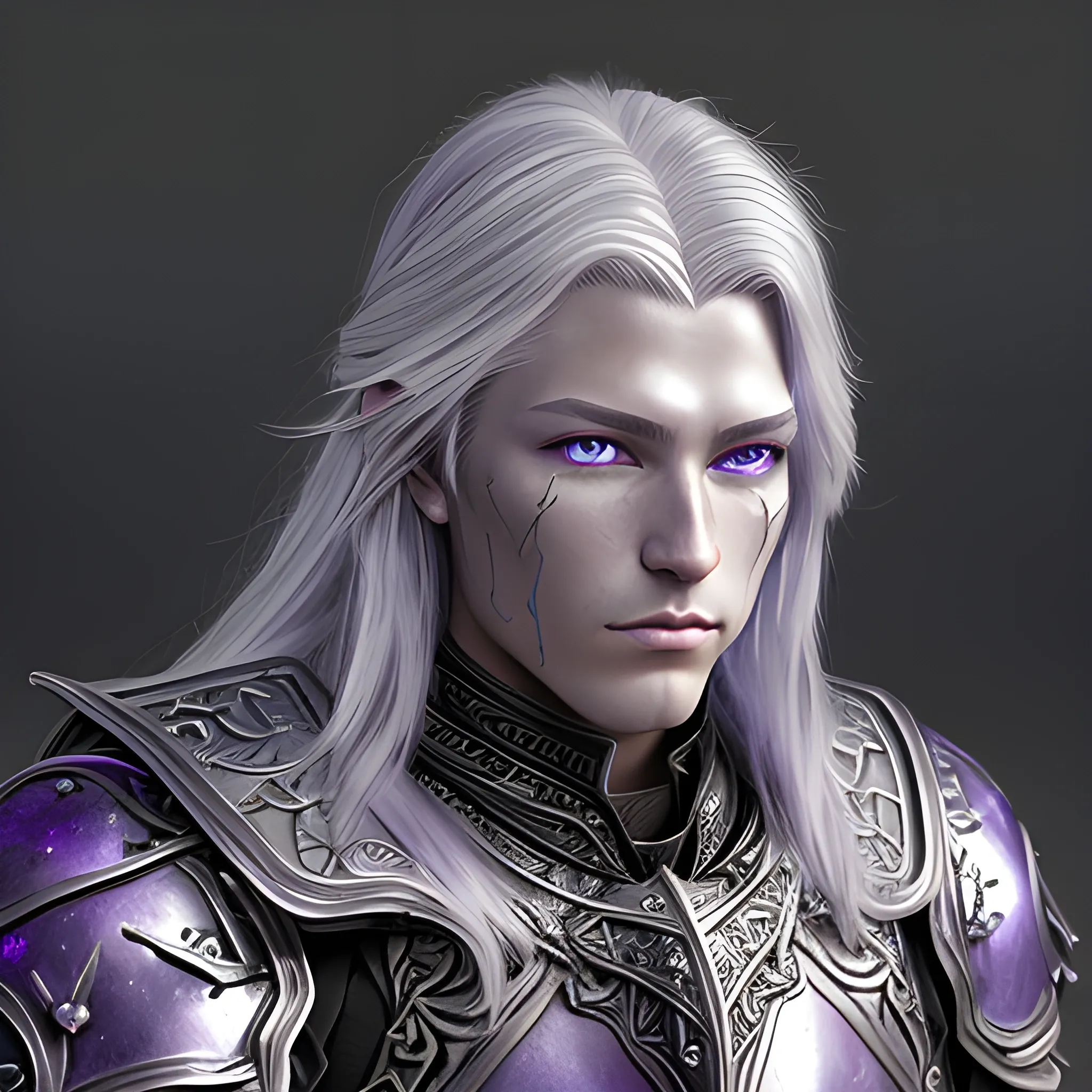 fantasy, paladin, warrior, metal skin, male, long silver hair, purple eyes, violet eyes, intricate light armor, hyper realistic, 3D, dungeons and dragons, elegant, mysterious, strong, armed, silver hair, intricate silver hair, Oil Painting