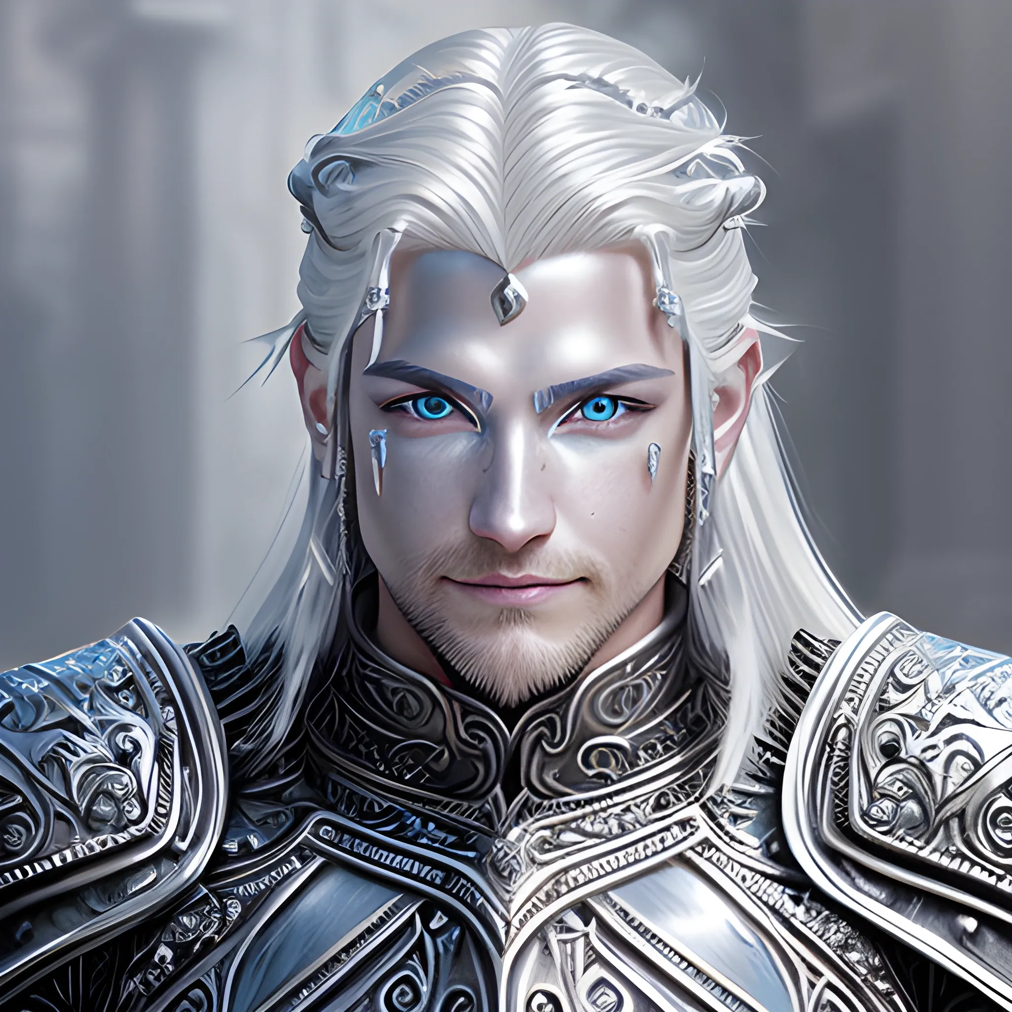 fantasy, paladin, warrior, metal skin, male, long silver hair, icy eyes, blue eyes, intricate light silver armor, smiling, hyper realistic, 3D, dungeons and dragons, elegant, mysterious, strong, armed, silver hair, intricate silver hair, Oil Painting, filigree skin, silver skin