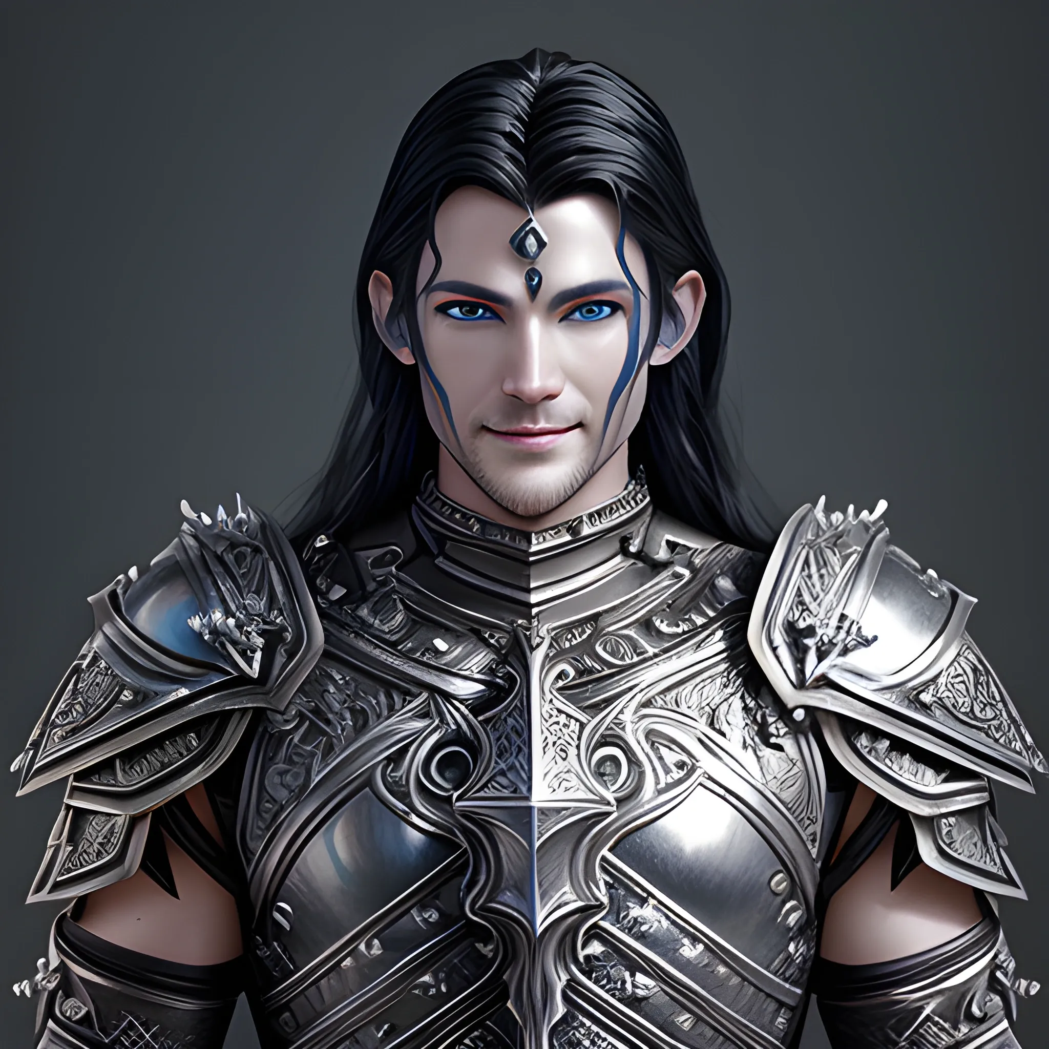 fantasy, paladin, warrior, metal skin, male, long black hair, icy eyes, blue eyes, intricate light silver armor, smiling, hyper realistic, 3D, dungeons and dragons, elegant, mysterious, strong, armed, black hair, Oil Painting, filigree skin, silver skin, silver flame necklace