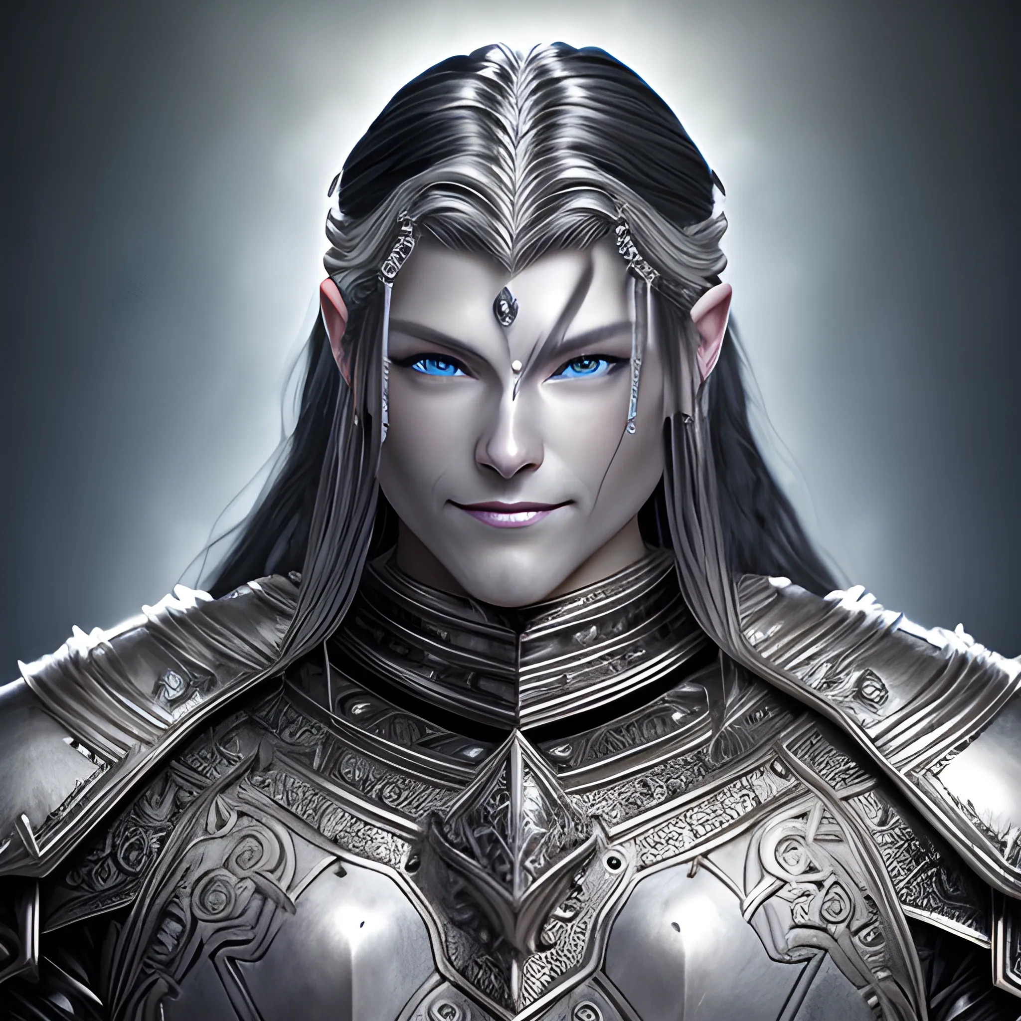 fantasy, paladin, warrior, metal skin, male, long black hair, icy eyes, blue eyes, intricate light silver armor, smiling, hyper realistic, 3D, dungeons and dragons, elegant, mysterious, strong, armed, black hair, Oil Painting, filigree skin, silver skin, silver flame necklace, grey skin, iron skin, platinum skin