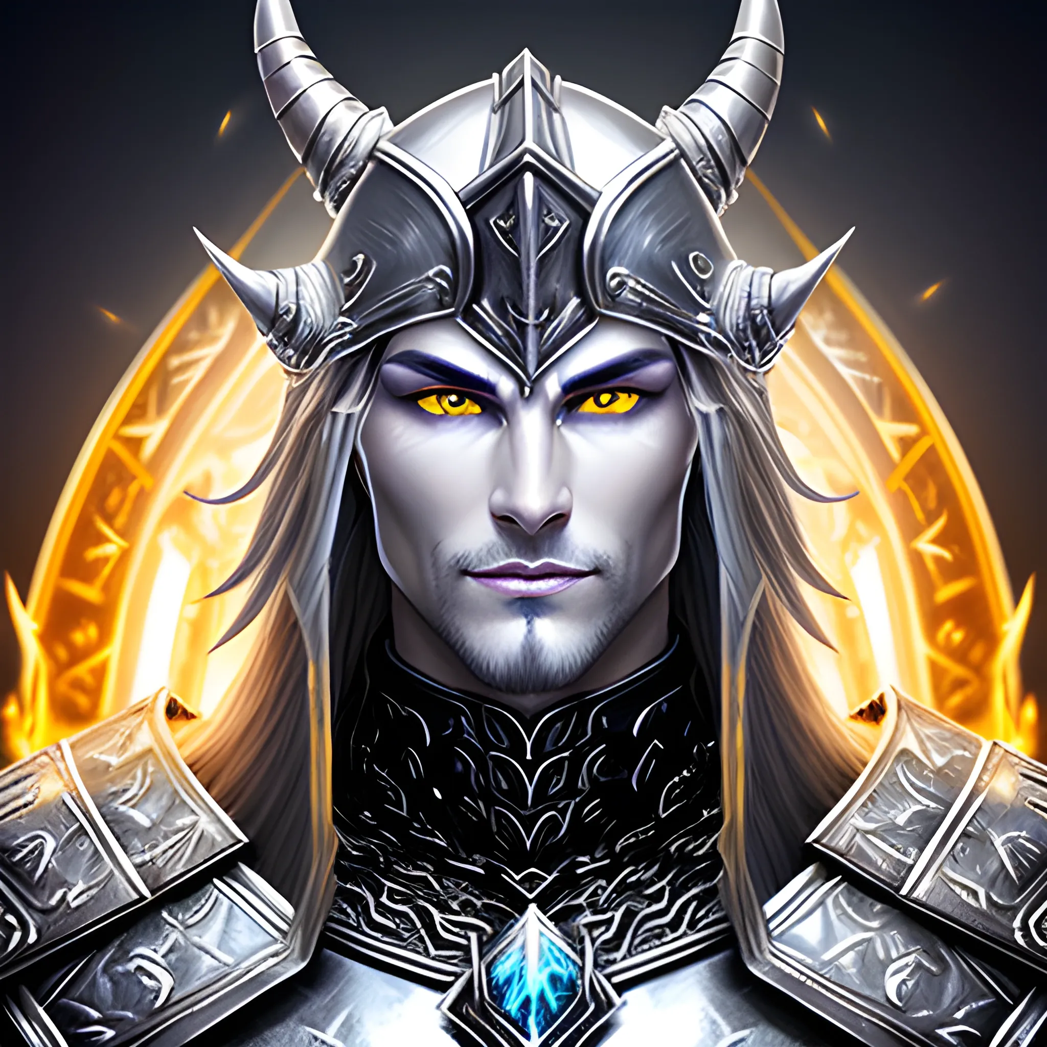 fantasy, paladin, warrior, metal skin, male, long black hair, icy eyes, blue eyes, intricate light silver armor, smiling, hyper realistic, 3D, dungeons and dragons, elegant, mysterious, strong, armed, black hair, Oil Painting, filigree skin, silver skin, silver flame necklace, grey skin, iron skin, platinum skin, human ears, small horns, Oil Painting, young, handsome, thin tribal facial tattoos