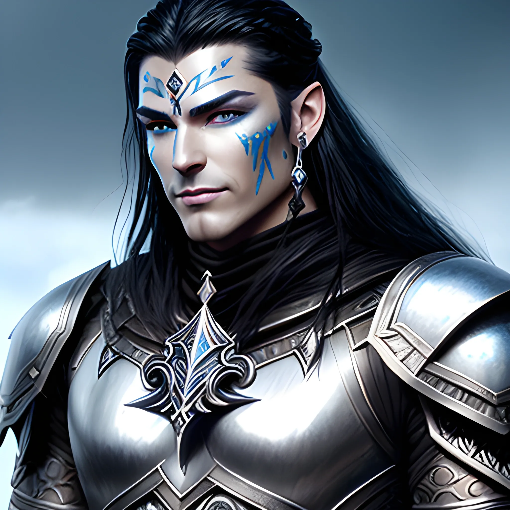 fantasy, paladin, warrior, metal skin, male, long black hair, icy eyes, blue eyes, intricate light silver armor, smiling, hyper realistic, 3D, dungeons and dragons, elegant, mysterious, strong, armed, black hair, Oil Painting, filigree skin, silver skin, silver flame necklace, grey skin, iron skin, platinum skin, human ears, Oil Painting, young, handsome, thin tribal facial tattoos, steel eyes, face tattoo, polynesian
