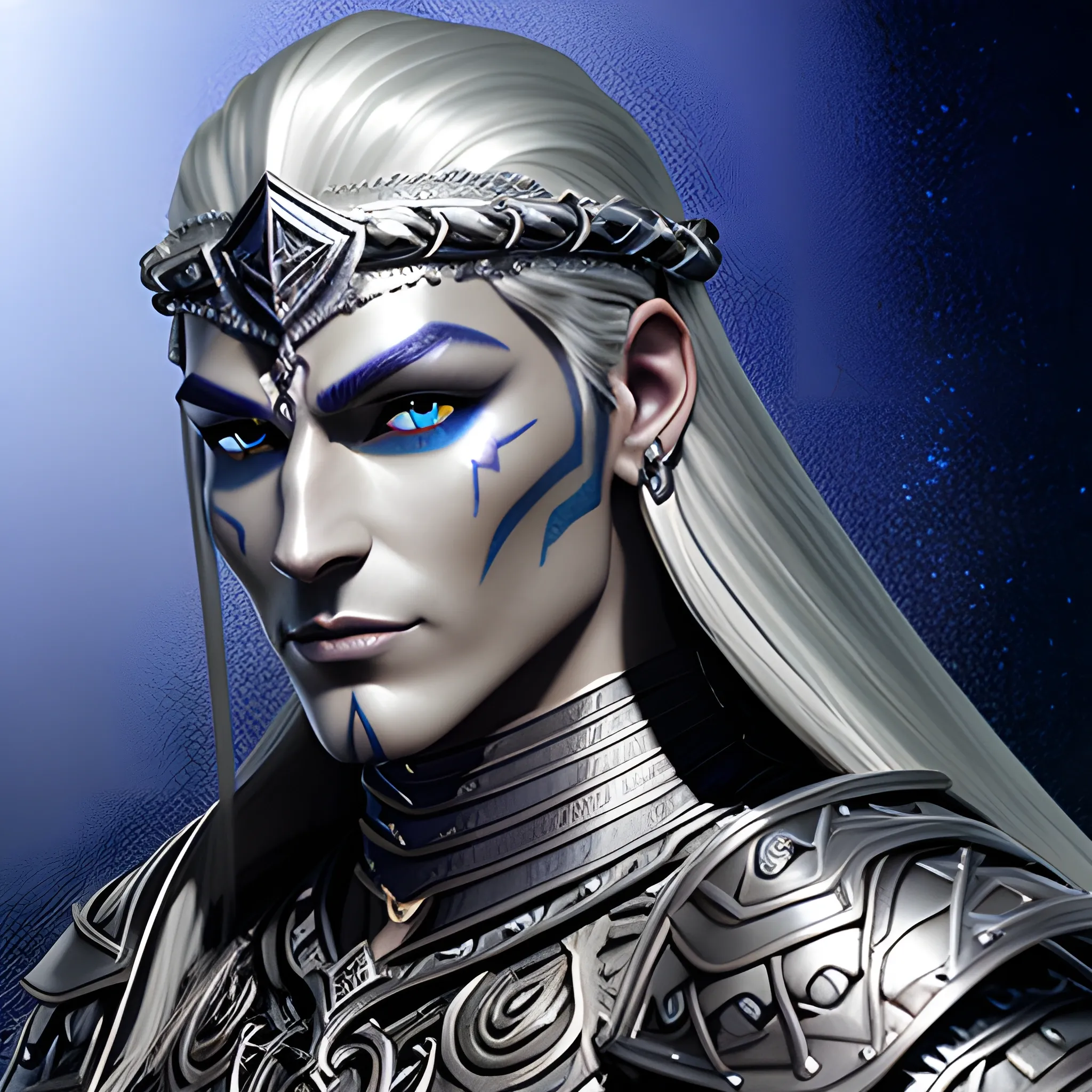 fantasy, paladin, warrior, metal skin, male, long black hair, icy eyes, blue eyes, intricate light silver armor, smiling, hyper realistic, 3D, dungeons and dragons, elegant, mysterious, strong, armed, black hair, Oil Painting, filigree skin, silver skin, silver flame necklace, grey skin, iron skin, platinum skin, human ears, Oil Painting, young, handsome, thin tribal facial tattoos, steel eyes, face tattoo, polynesian complex facial tattoo scarring, aluminium skin