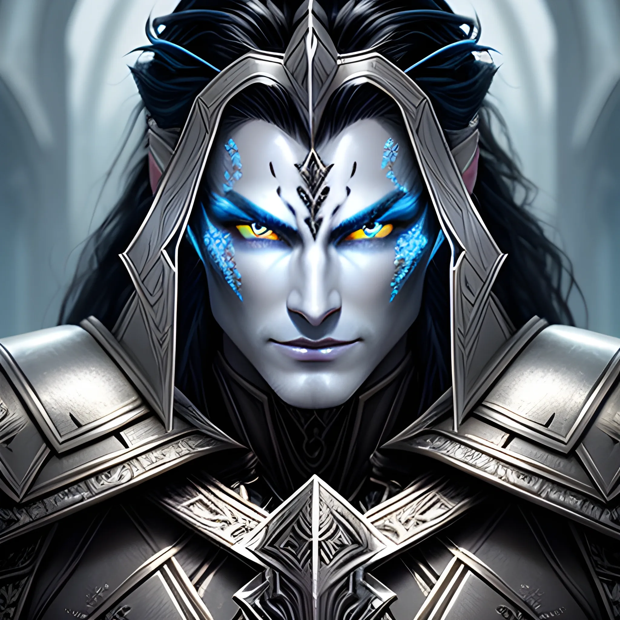fantasy, paladin, warrior, metal skin, male, long black hair, icy eyes, blue eyes, intricate light silver armor, smiling, hyper realistic, dungeons and dragons, strong, armed, black hair, Oil Painting, filigree skin, silver skin, silver flame necklace, grey skin, iron skin, platinum skin, human ears, Oil Painting, young, handsome, thin tribal facial tattoos, steel eyes, face tattoo, face scarring, aluminium skin, friendly, 