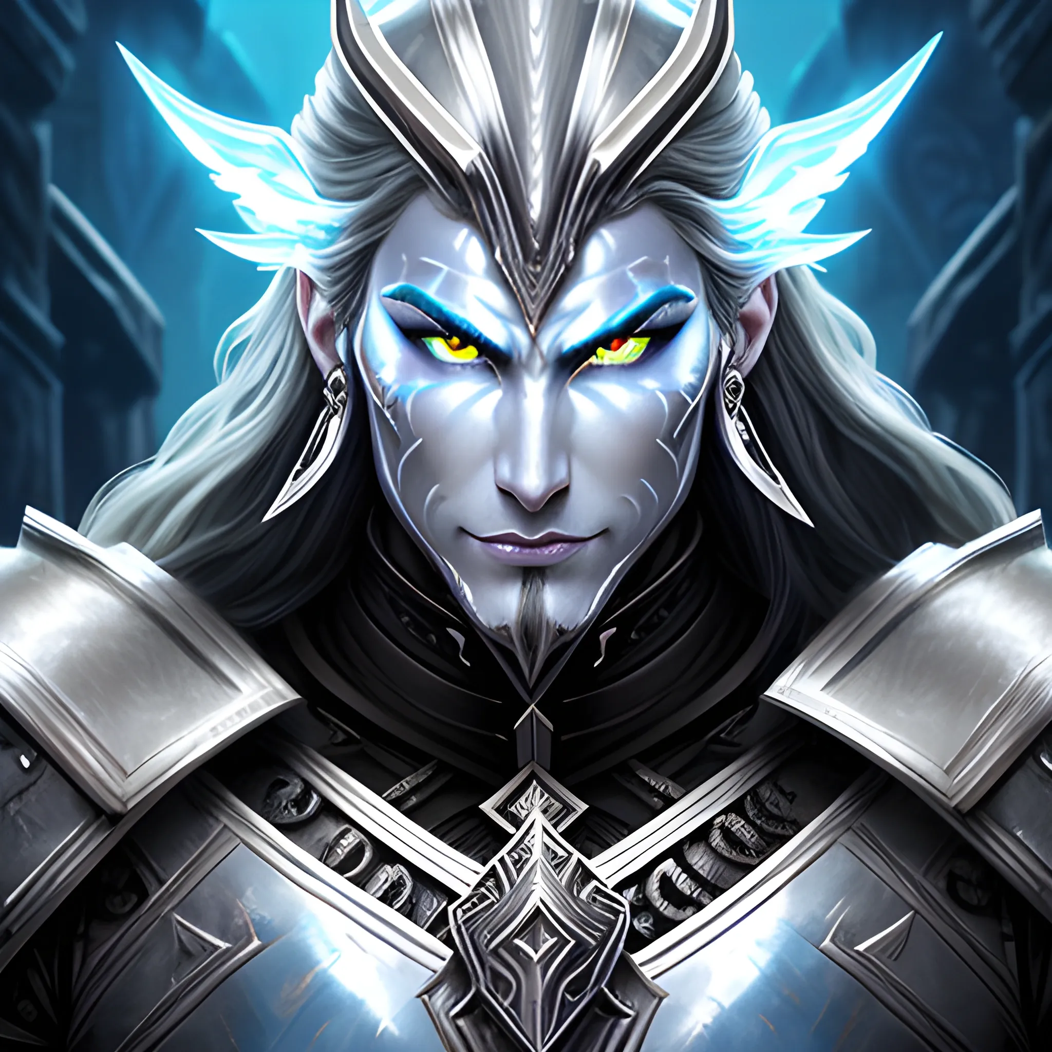 fantasy, paladin, warrior, metal skin, male, long black hair, icy eyes, blue eyes, intricate light silver armor, smiling, hyper realistic, dungeons and dragons, strong, armed, black hair, Oil Painting, filigree skin, silver skin, silver flame necklace, grey skin, iron skin, platinum skin, human ears, Oil Painting, young, handsome, thin tribal facial tattoos, steel eyes, face tattoo, face scarring, aluminium skin, friendly, no helmet, happy, confident