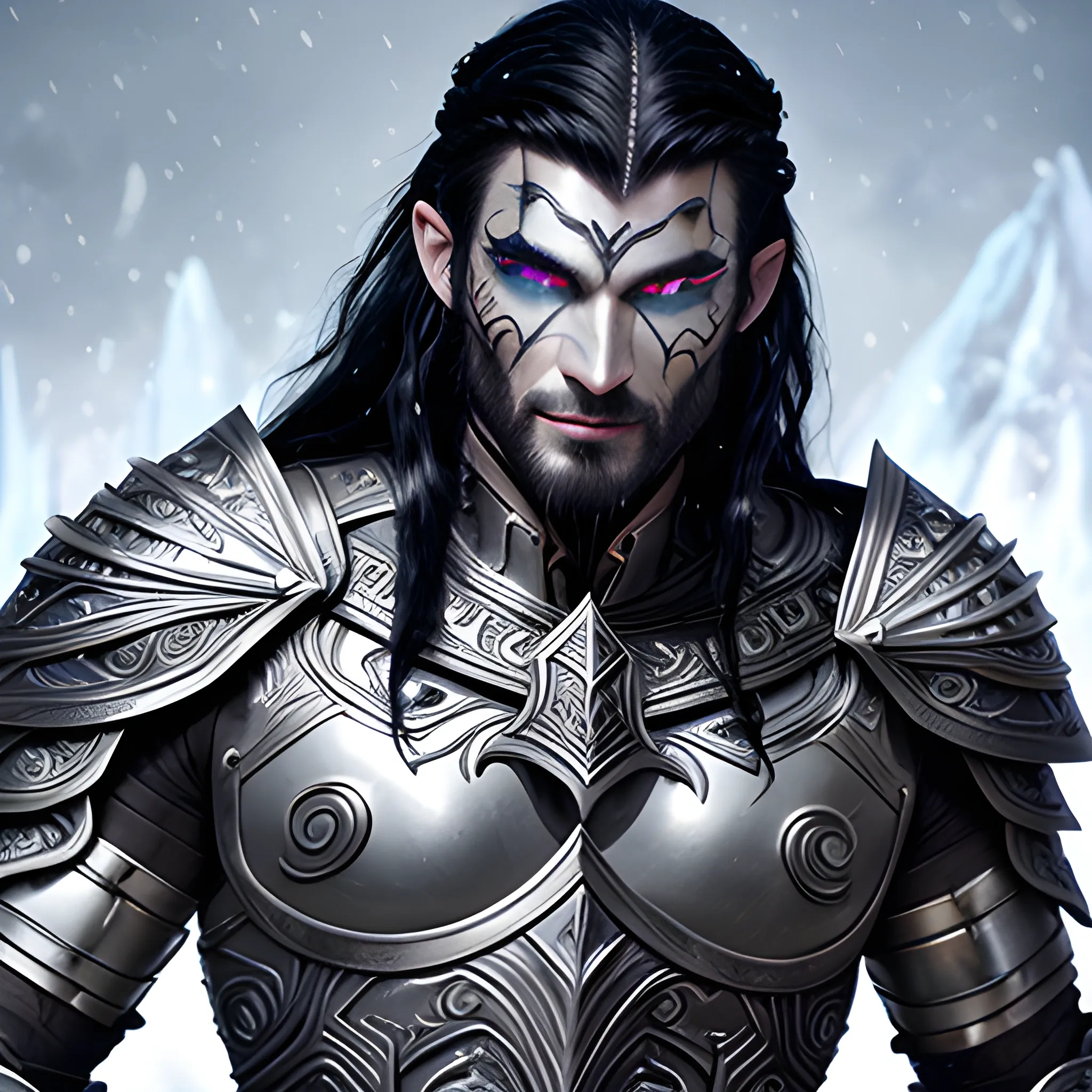 fantasy, paladin, warrior, metal skin, male, long black hair, icy eyes, blue eyes, intricate light silver armor, smiling, hyper realistic, dungeons and dragons, strong, armed, black hair, Oil Painting, filigree skin, silver skin, silver flame necklace, grey skin, iron skin, platinum skin, human ears, Oil Painting, young, handsome, thin tribal facial tattoos, steel eyes, face tattoo, face scarring, aluminium skin, friendly, no helmet, happy, confident, black hair, grinning