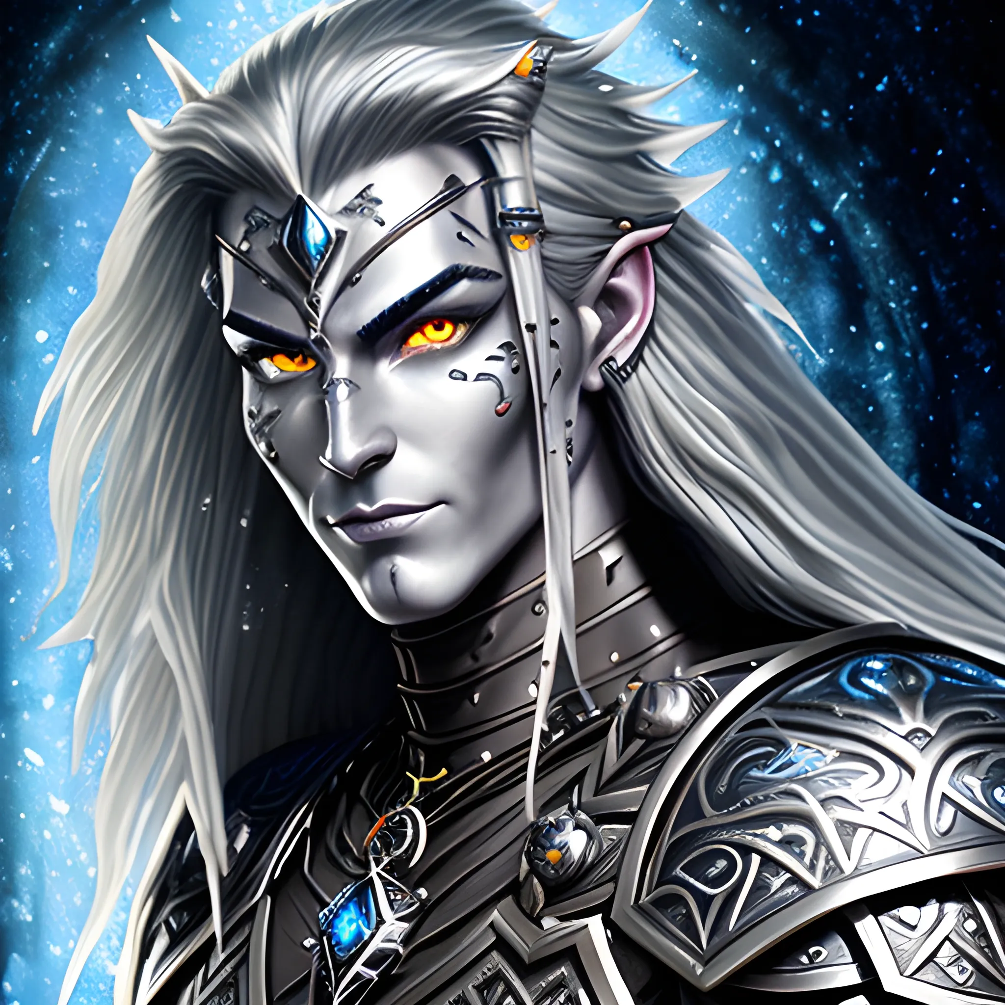 fantasy, paladin, warrior, metal skin, male, long black hair, icy eyes, blue eyes, intricate light silver armor, smiling, hyper realistic, dungeons and dragons, strong, armed, black hair, Oil Painting, filigree skin, silver skin, silver flame necklace, grey skin, iron skin, platinum skin, human ears, Oil Painting, young, handsome, thin tribal facial tattoos, steel eyes, face tattoo, face scarring, aluminium skin, friendly, no helmet, happy, confident, black hair, grinning, good, warhammer