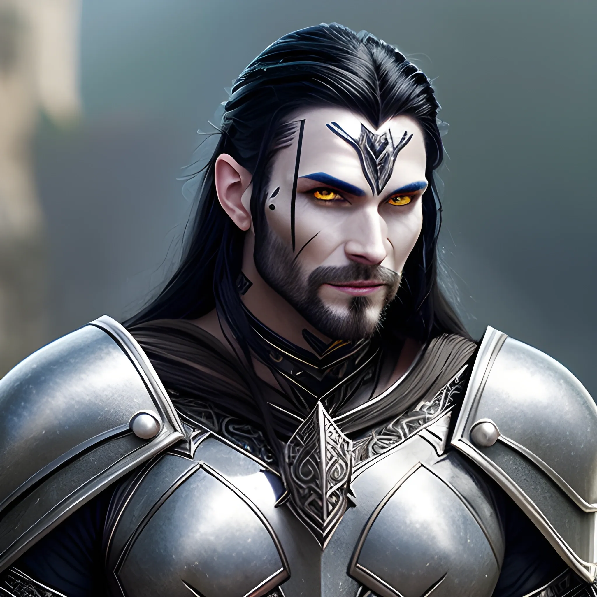fantasy, paladin, warrior, metal skin, male, long black hair, icy eyes, blue eyes, intricate light silver armor, smiling, hyper realistic, dungeons and dragons, strong, armed, black hair, Oil Painting, filigree skin, silver skin, silver flame necklace, grey skin, iron skin, platinum skin, human ears, Oil Painting, young, handsome, thin tribal facial tattoos, steel eyes, face tattoo, face scarring, aluminium skin, friendly, no helmet, happy, confident, black hair, grinning, good, warhammer, bust, generous