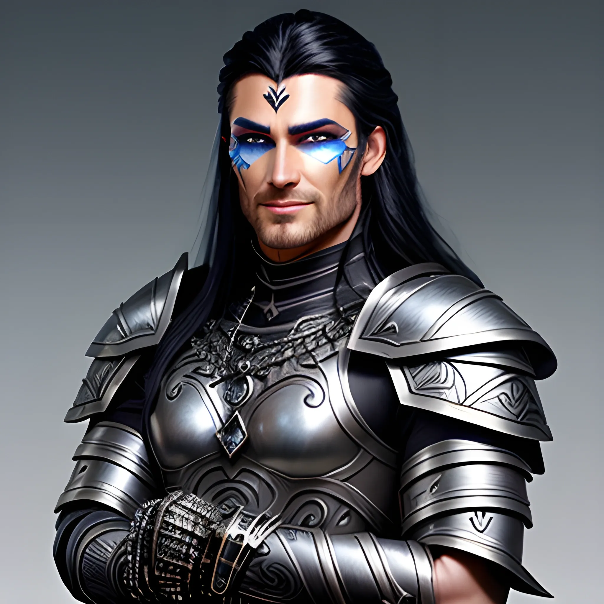 fantasy, paladin, warrior, metal skin, male, long black hair, icy eyes, blue eyes, intricate light silver armor, smiling, hyper realistic, dungeons and dragons, strong, armed, black hair, Oil Painting, filigree skin, silver skin, silver flame necklace, grey skin, iron skin, platinum skin, human ears, Oil Painting, young, handsome, thin tribal facial tattoos, steel eyes, face tattoo, face scarring, aluminium skin, friendly, no helmet, happy, confident, black hair, grinning, good, warhammer, bust, generous, wielding weapon, holding fire