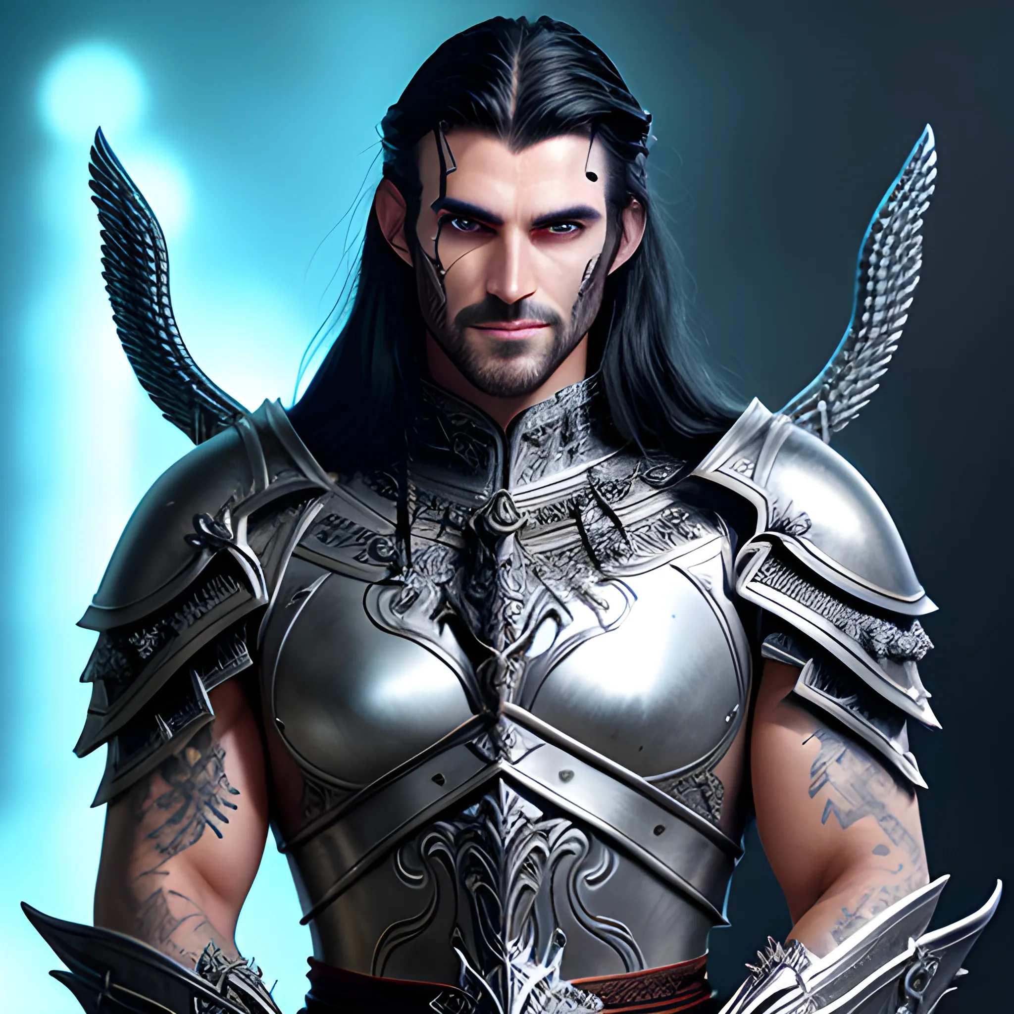 fantasy, paladin, warrior, metal skin, male, long black hair, icy eyes, blue eyes, intricate light silver armor, smiling, hyper realistic, dungeons and dragons, strong, armed, black hair, Oil Painting, filigree skin, silver skin, silver flame necklace, grey skin, iron skin, platinum skin, human ears, Oil Painting, young, handsome, thin tribal facial tattoos, steel eyes, face tattoo, face scarring, aluminium skin, friendly, no helmet, happy, confident, black hair, grinning, good, warhammer, bust, generous, wielding weapon, holding fire, riding griffin