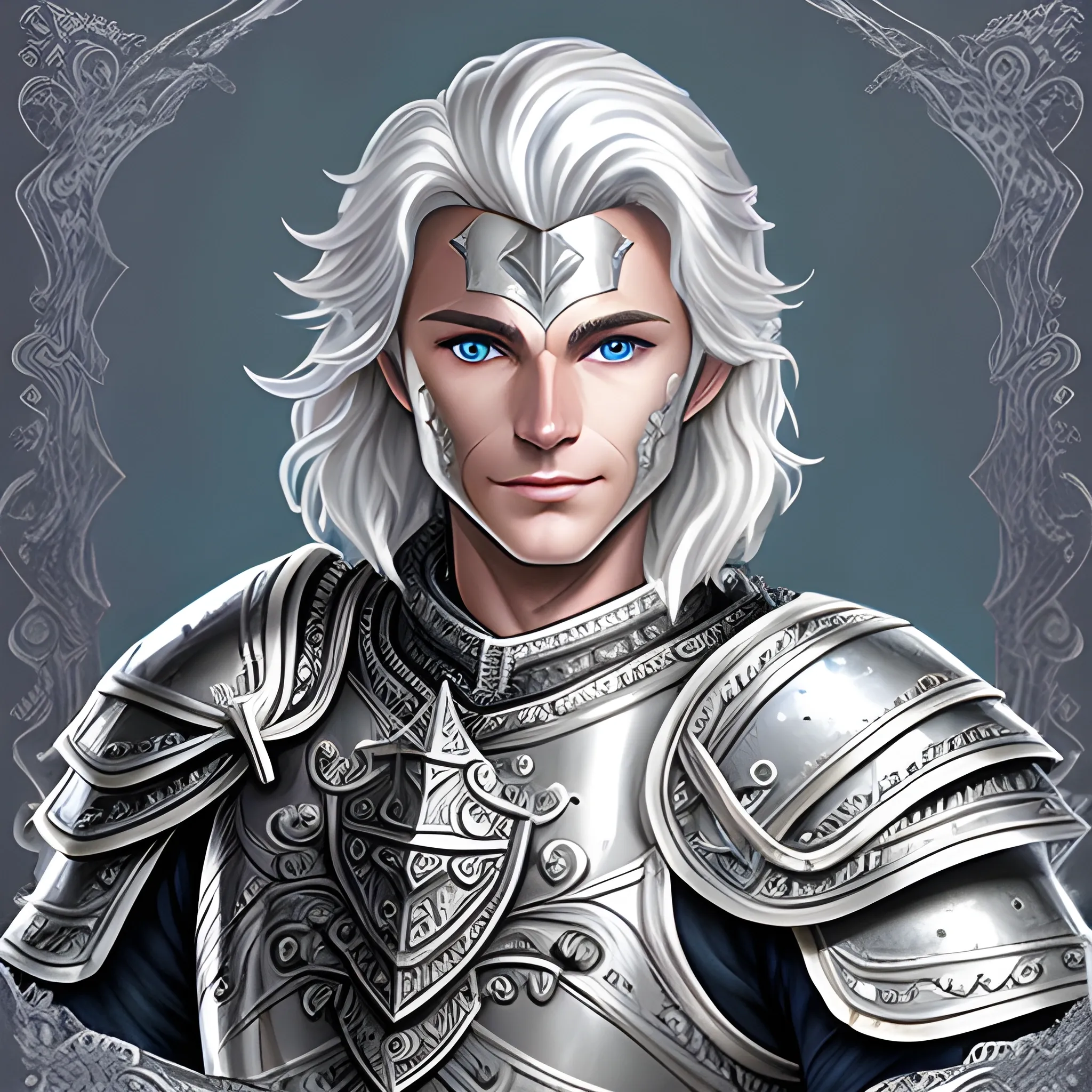 Silver-skinned, DnD, paladin, male, 24 year Old, strong intricate silver armour, black hair, blue eyes, riding griffon, happy, friendly, generous, handsome, Water Color, plate armour