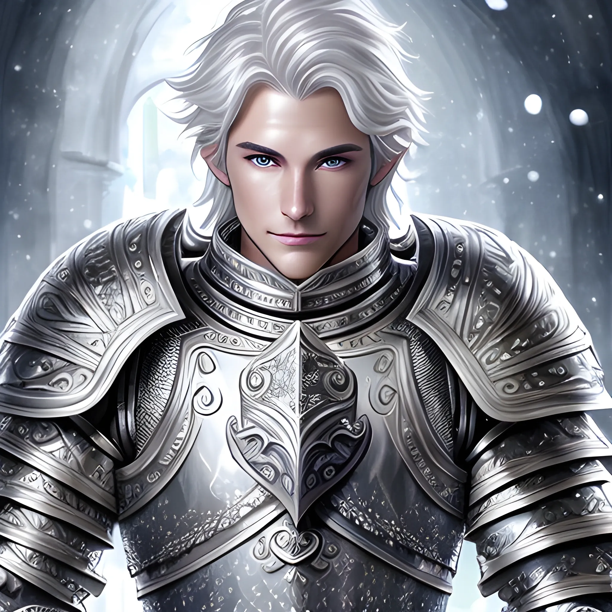 Silver-skinned, DnD, paladin, male, 24 year Old, strong intricate silver armour, black hair, blue eyes, silver flame, happy, friendly, generous, handsome, Water Color, plate armour, metal skin, hyper realistic, soft glow, snowing