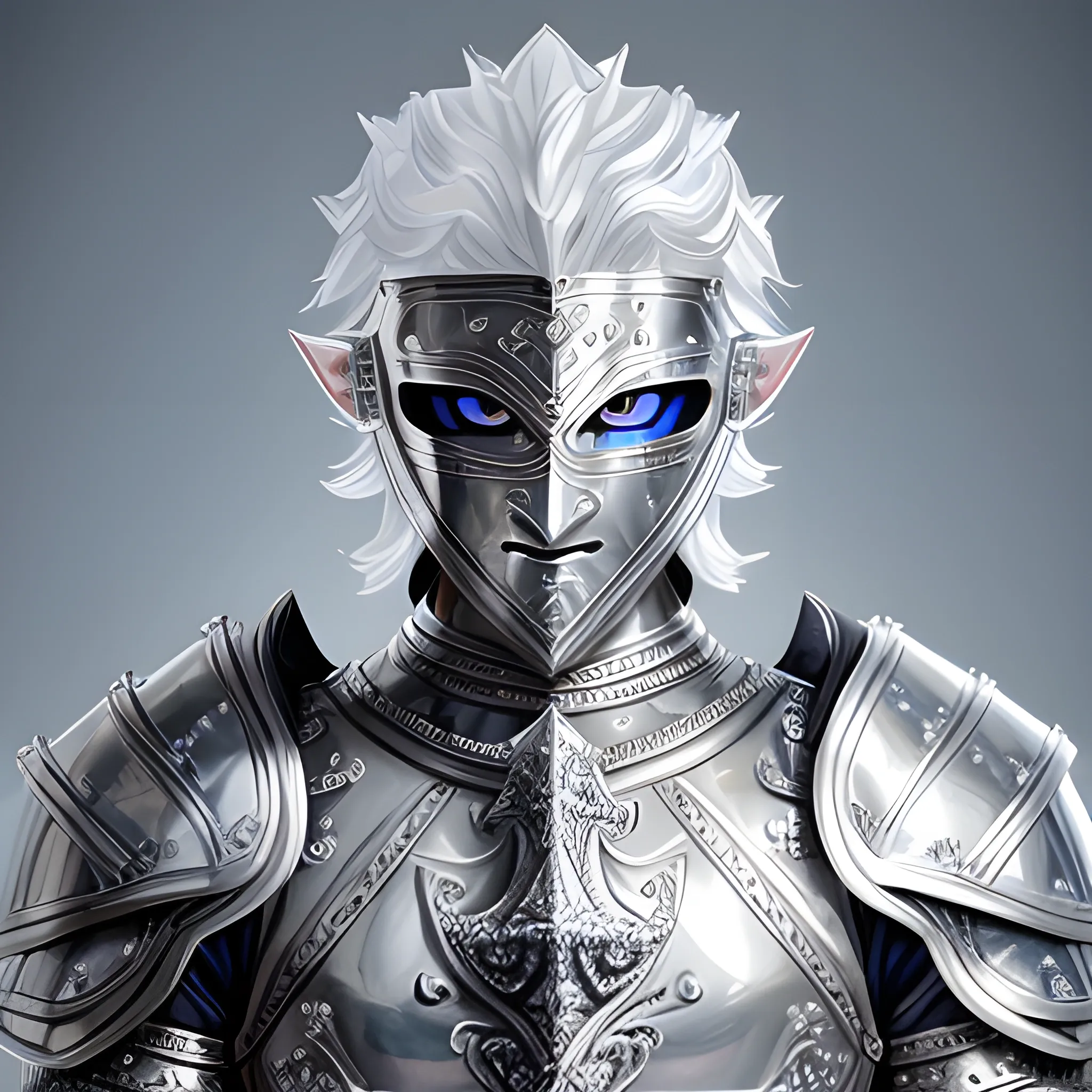 Silver-skinned, platinum skin, diamond skin, DnD, paladin, male, 24 year Old, strong intricate silver armour, black hair, blue eyes, silver flame, happy, friendly, generous, handsome, Water Color, plate armour, metal skin, hyper realistic, soft glow, snowing