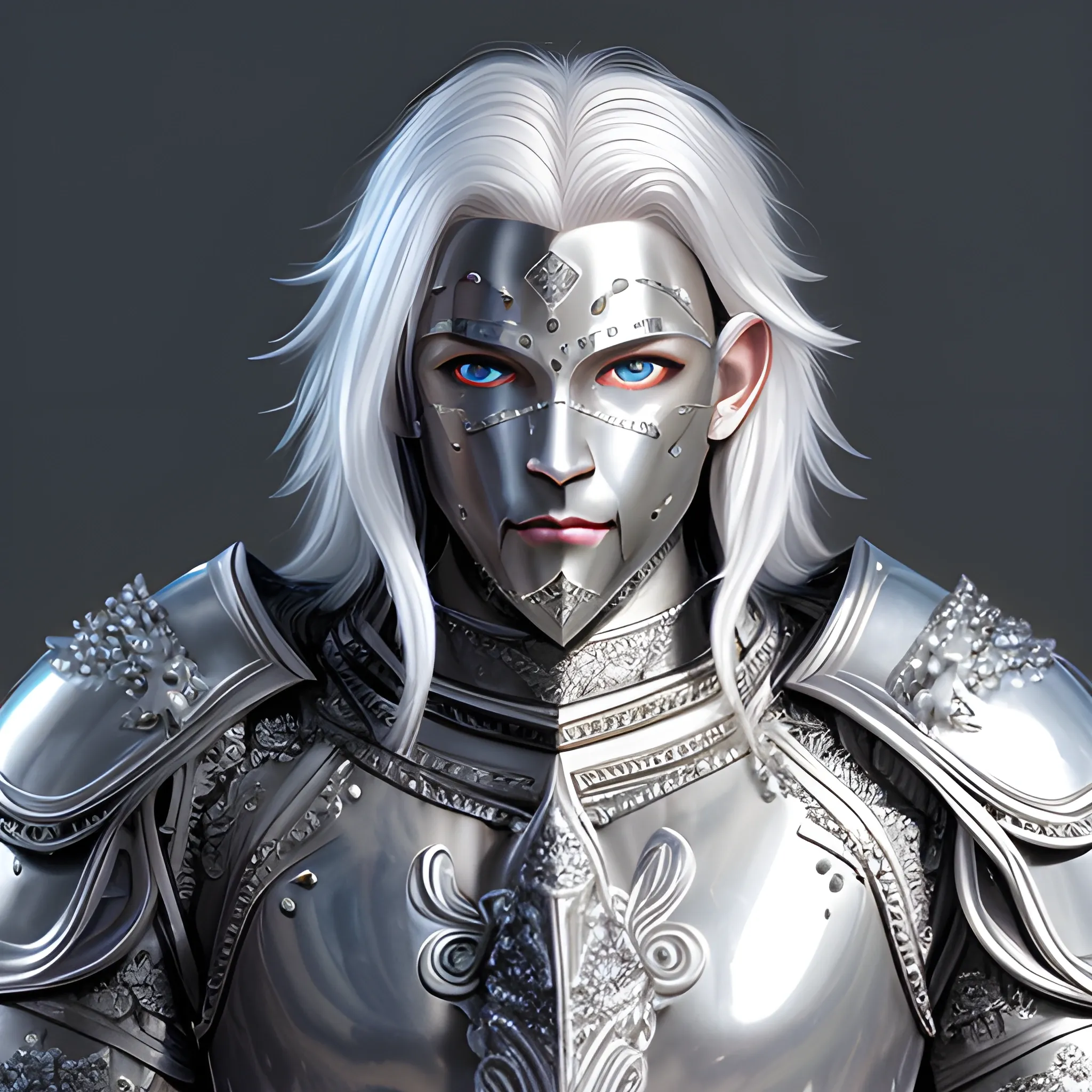 Silver-skinned, platinum skin, diamond skin, DnD, paladin, male, 24 year Old, strong intricate silver armour, black hair, blue eyes, silver flame, happy, friendly, generous, handsome, Water Color, plate armour, metal skin, hyper realistic, soft glow, snowing, raven hair, long black hair, messy hair