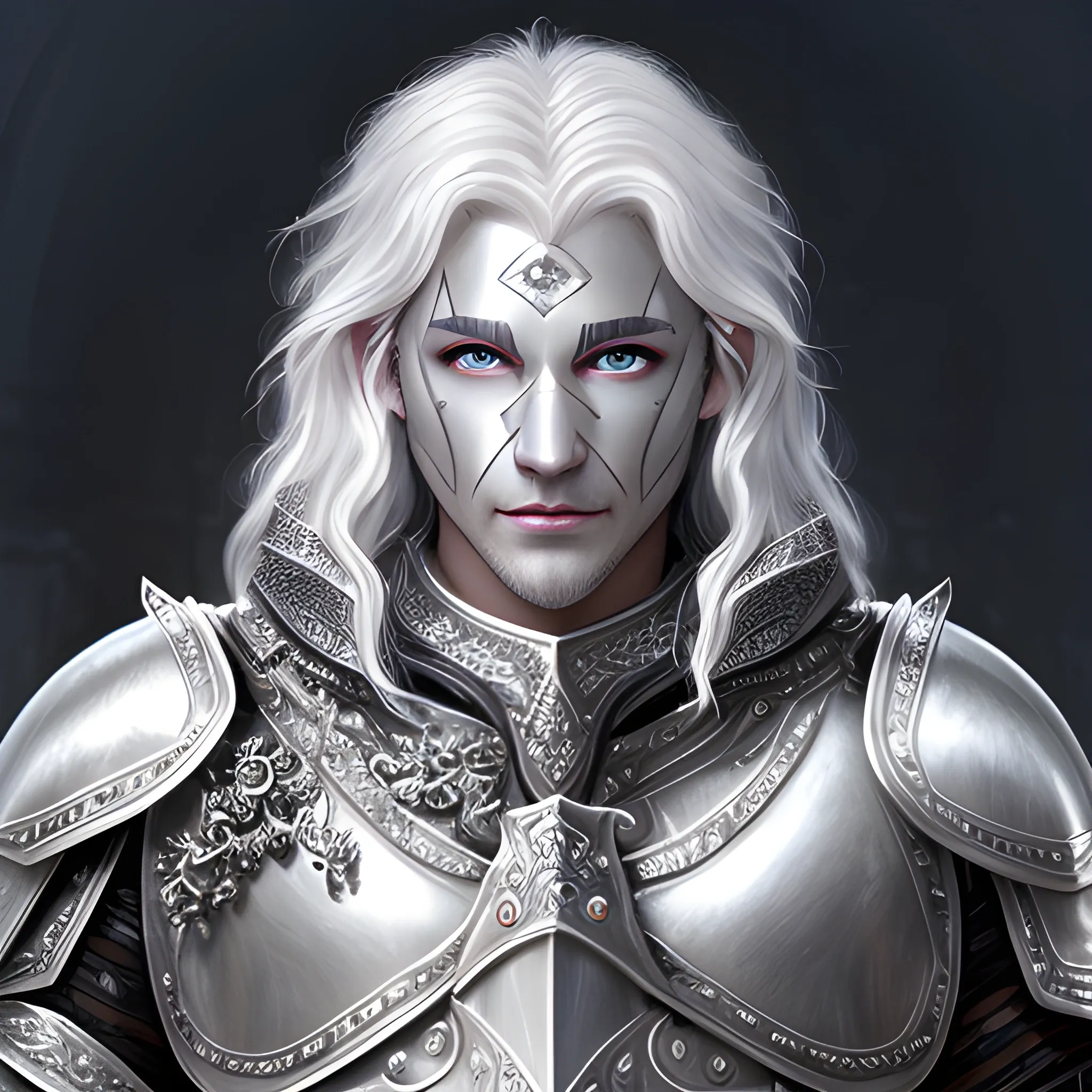 Silver-skinned, platinum skin, unmasked, DnD, paladin, male, 24 year Old, strong intricate silver armour, black hair, blue eyes, silver flame, happy, friendly, generous, handsome, Water Color, plate armour, metal skin, hyper realistic, soft glow, snowing, raven hair, long black hair, messy hair, Oil Painting