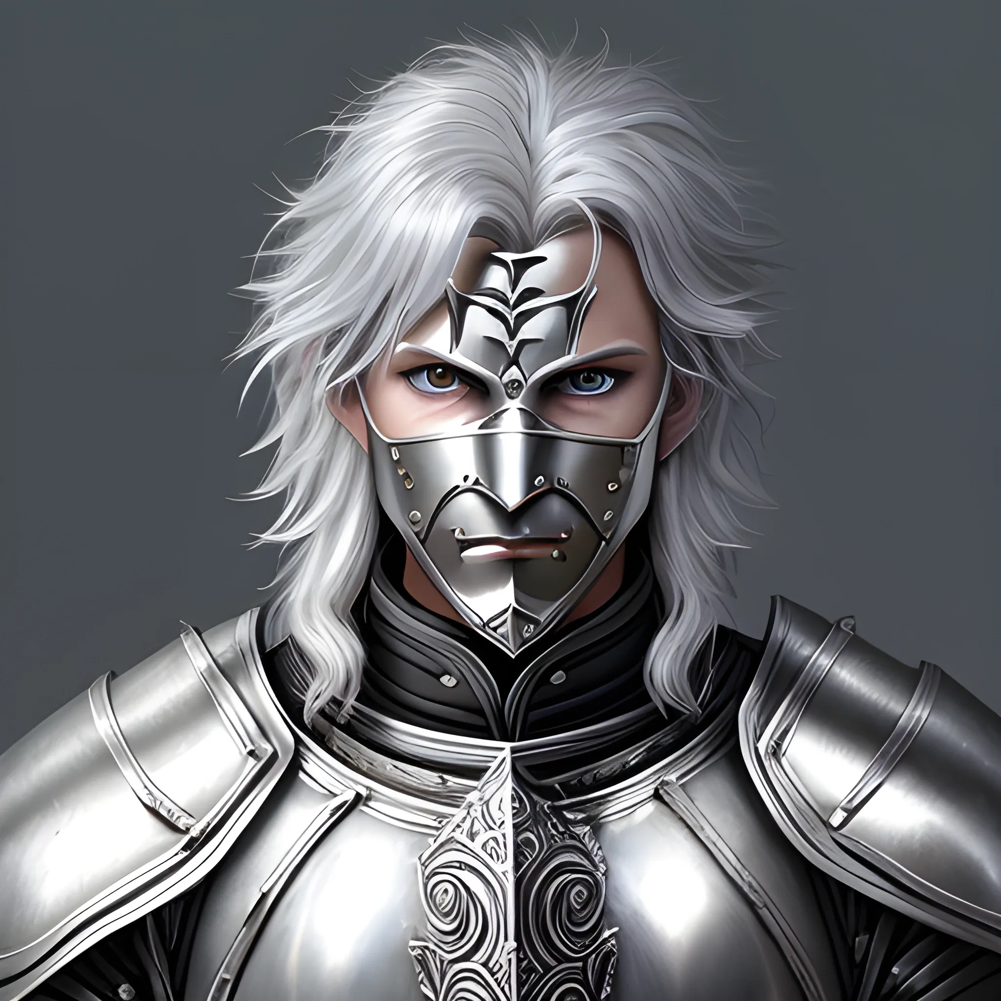 Silver-skinned, platinum skin, unmasked, DnD, paladin, male, 24 year Old, strong intricate silver armour, black hair, blue eyes, silver flame, happy, friendly, generous, handsome, Water Color, plate armour, metal skin, hyper realistic, soft glow, snowing, raven hair, long black hair, messy hair, Oil Painting, dark hair, black warrior knot, holy warrior