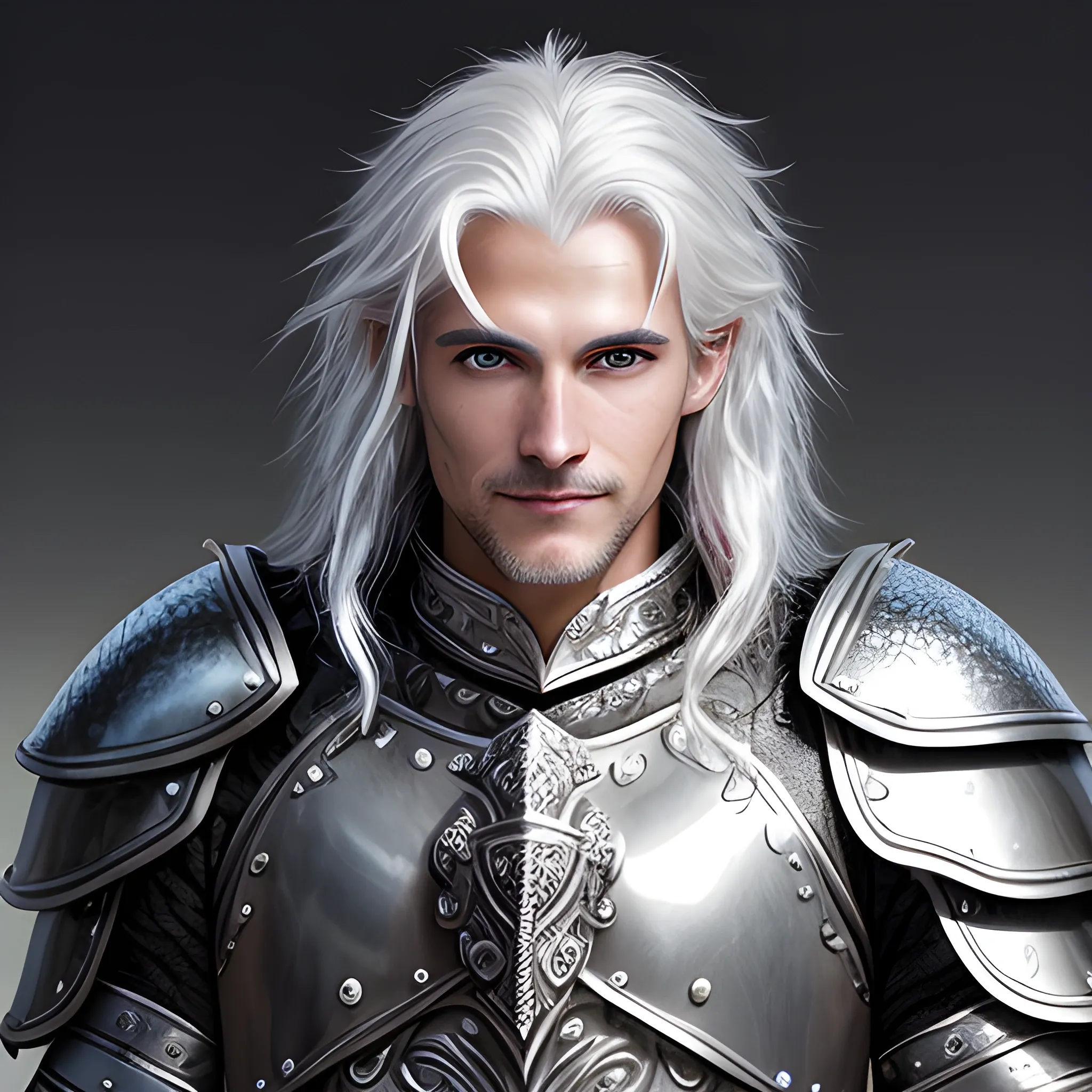 Silver-skinned, platinum skin, unmasked, DnD, paladin, male, 24 year Old, strong intricate silver armour, black hair, blue eyes, silver flame, happy, friendly, generous, handsome, Water Color, plate armour, metal skin, hyper realistic, soft glow, snowing, raven hair, long black hair, messy hair, Oil Painting, dark hair, black warrior knot, holy warrior, side profile, portrait, smiling