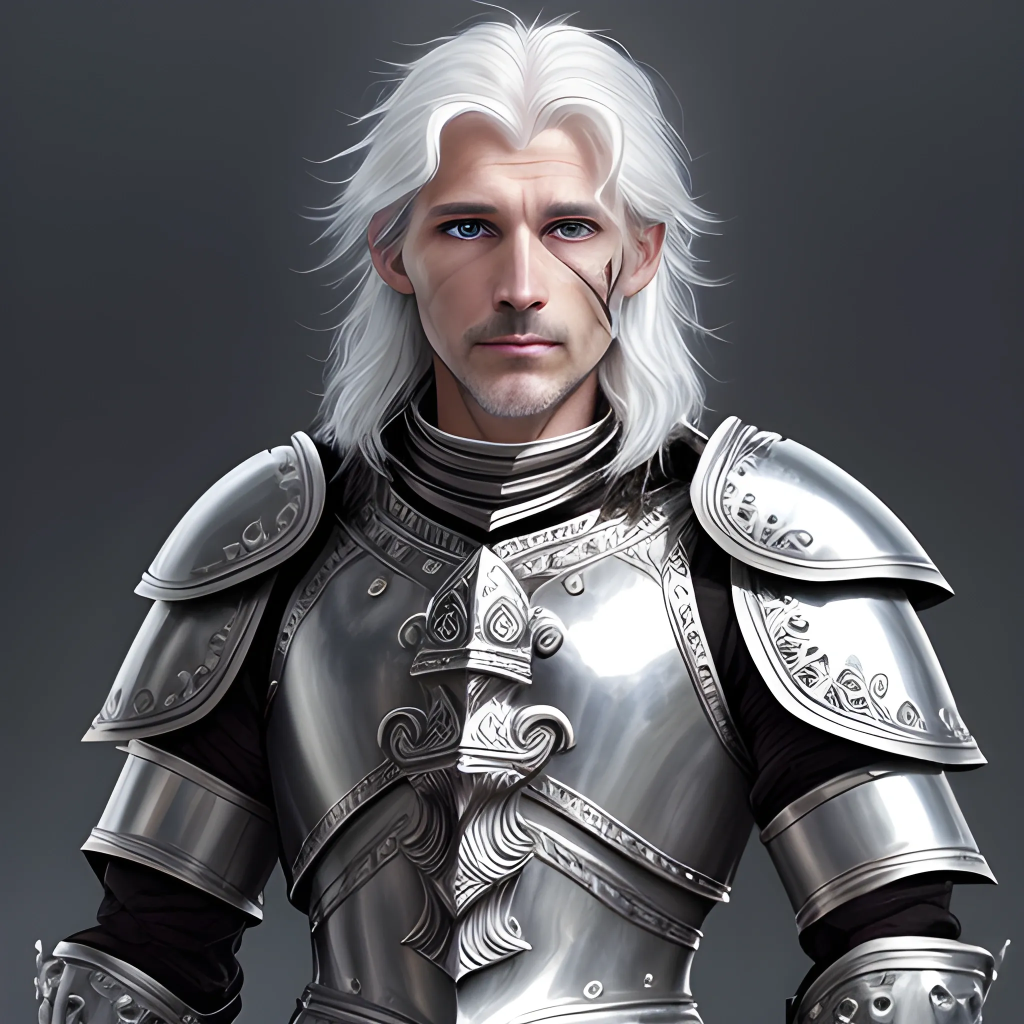 Silver-skinned, platinum skin, unmasked, DnD, paladin, male, 24 year Old, strong intricate silver armour, black hair, blue eyes, silver flame, happy, friendly, generous, handsome, Water Color, plate armour, metal skin, hyper realistic, soft glow, snowing, raven hair, long black hair, messy hair, Oil Painting, dark hair, black warrior knot, holy warrior, side profile, portrait