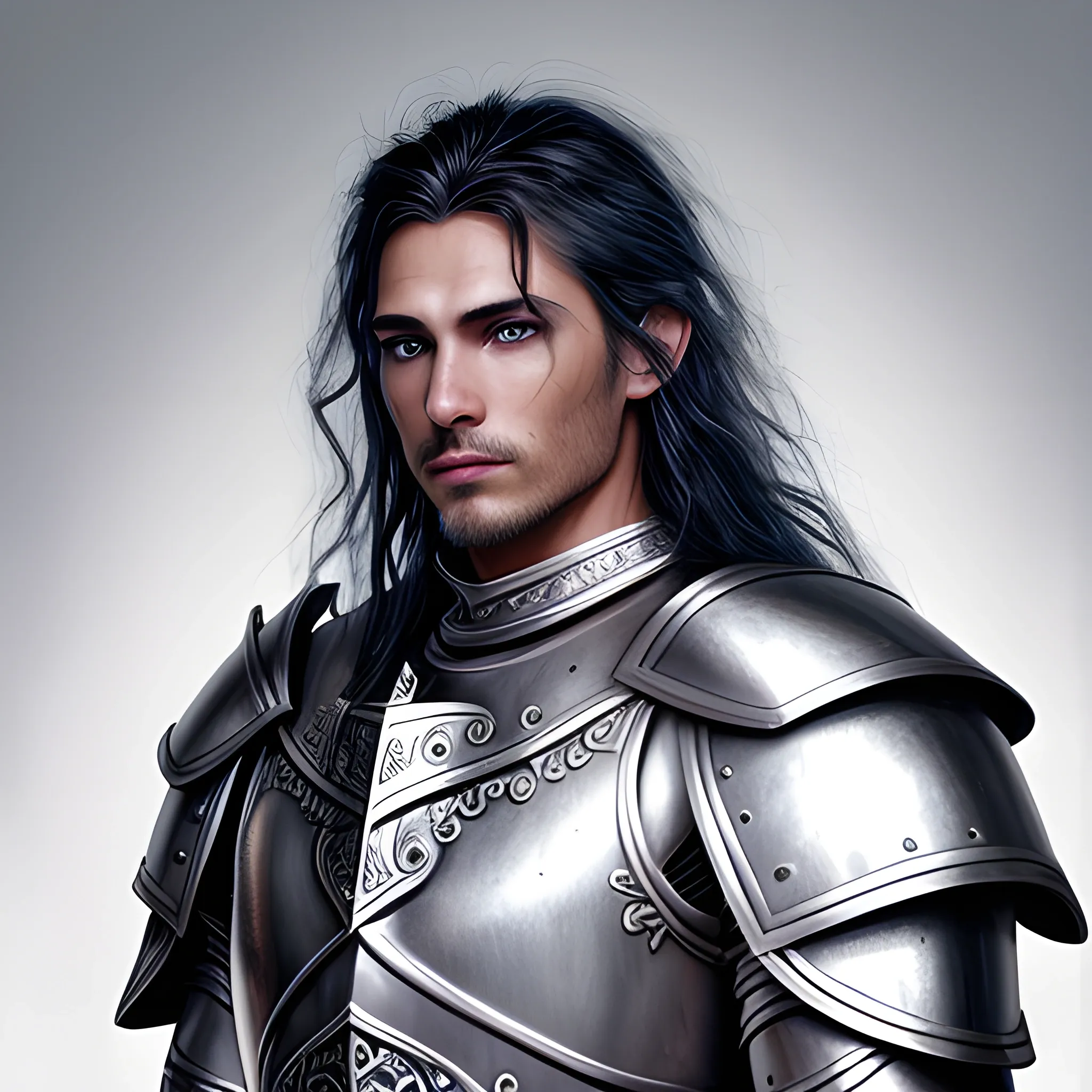 Silver-skinned, platinum skin, unmasked, DnD, paladin, male, 24 year Old, strong intricate silver armour, black hair, blue eyes, silver flame, happy, friendly, generous, handsome, Water Color, plate armour, metal skin, hyper realistic, soft glow, snowing, raven hair, long black hair, messy hair, Oil Painting, dark hair, black warrior knot, holy warrior, side profile, portrait