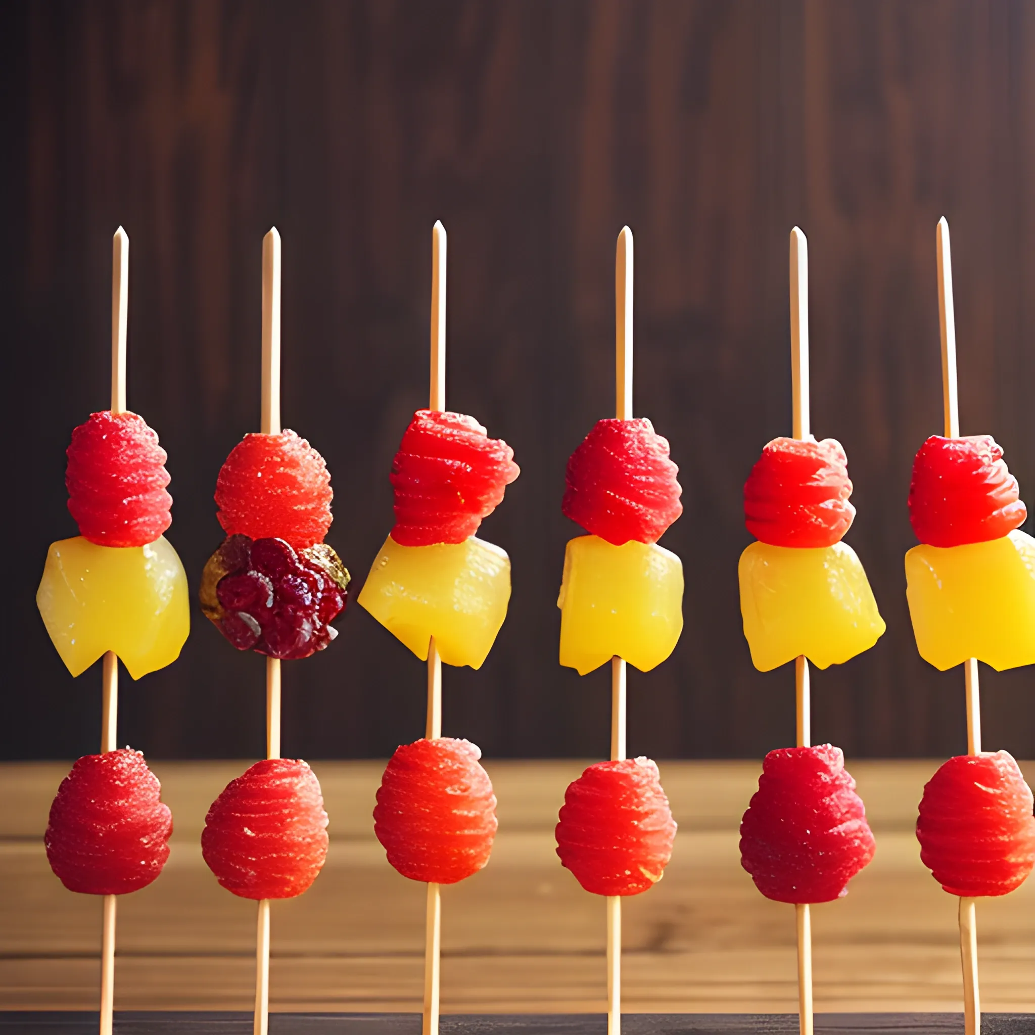 candied fruits on wooden skewers, standing, cinematic Arthub.ai