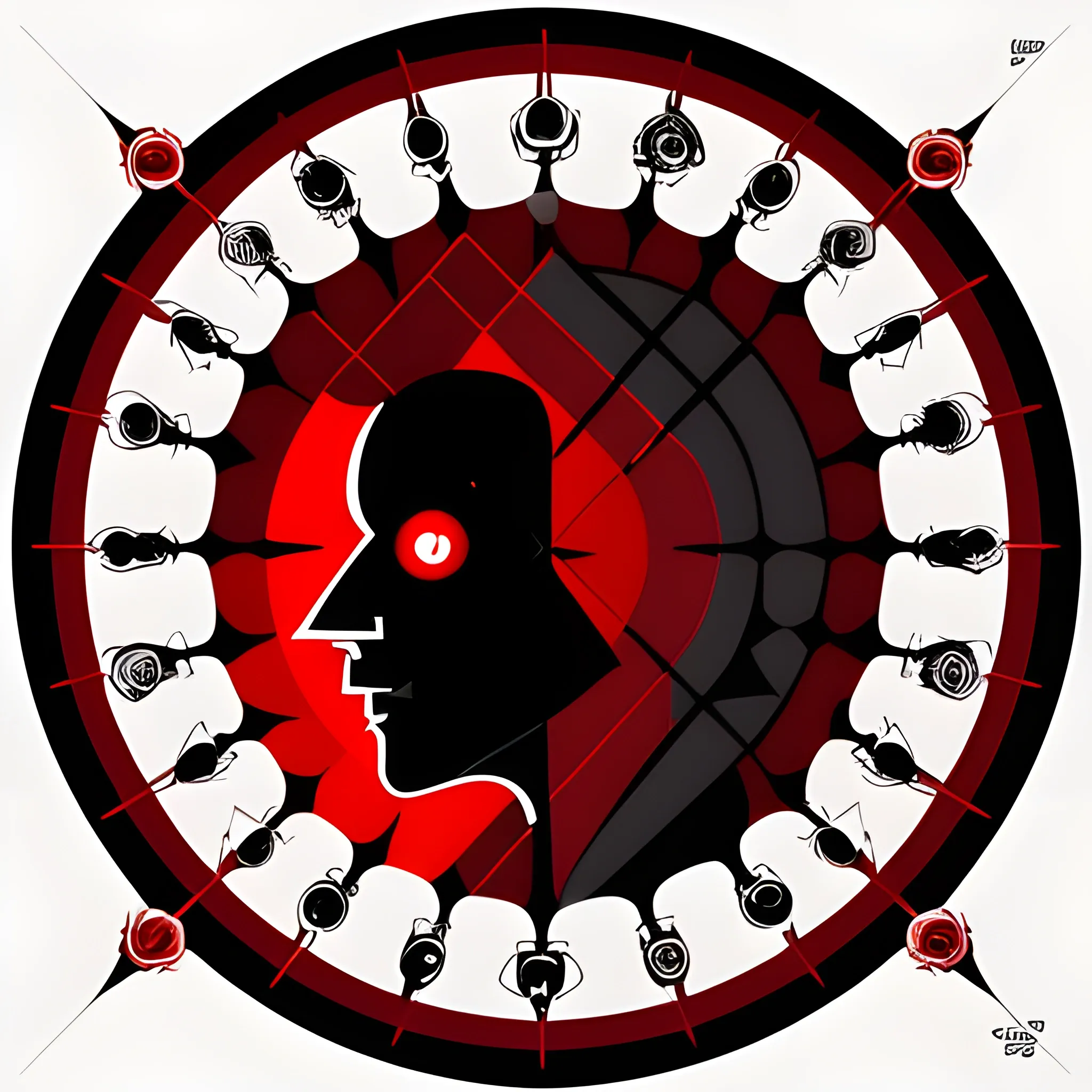 dark psychology, vector style, evil character, middle age, in a circle, realistic, mind, manipulation, color dark red black
