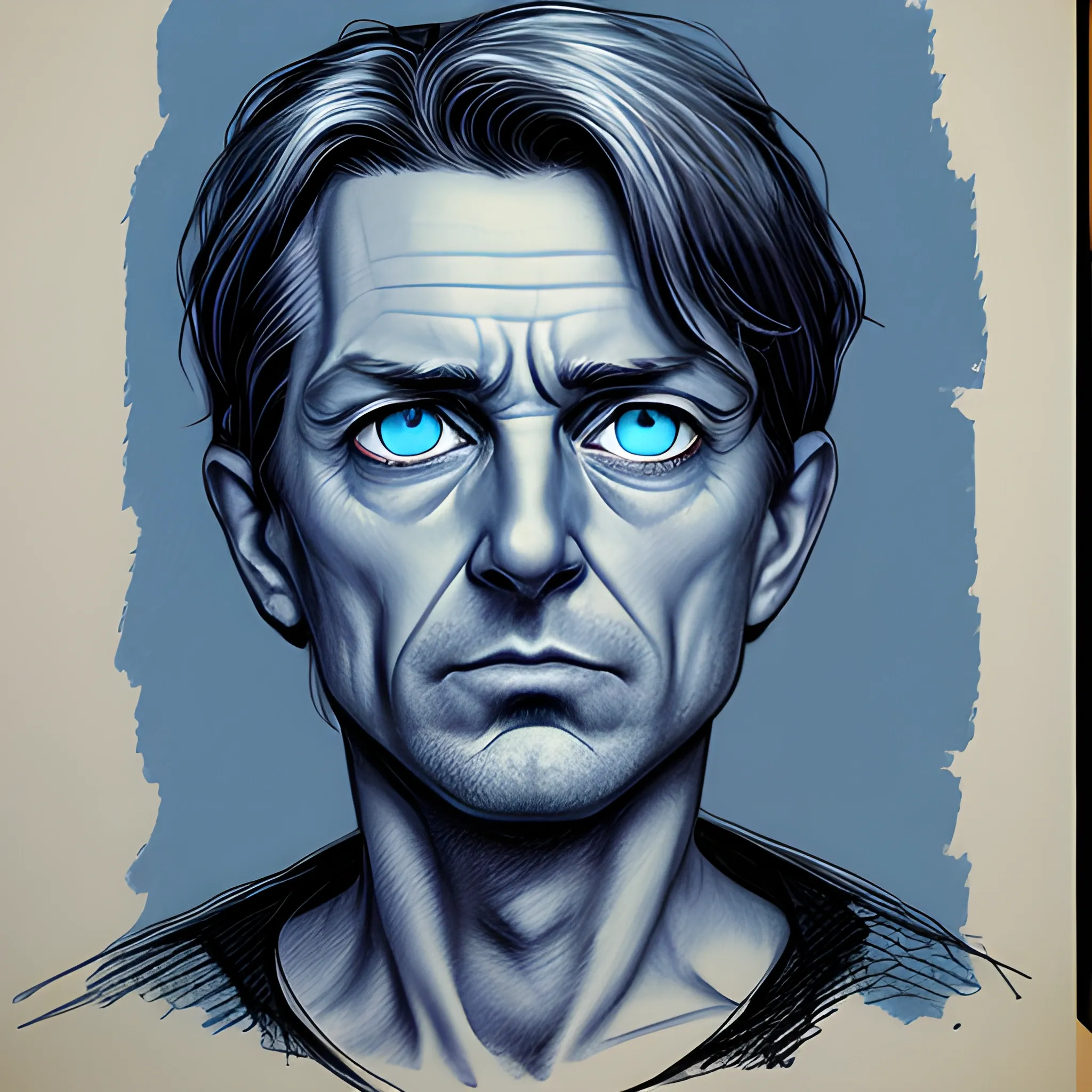 Draw a mistrious writer 40 years old with blue eyes