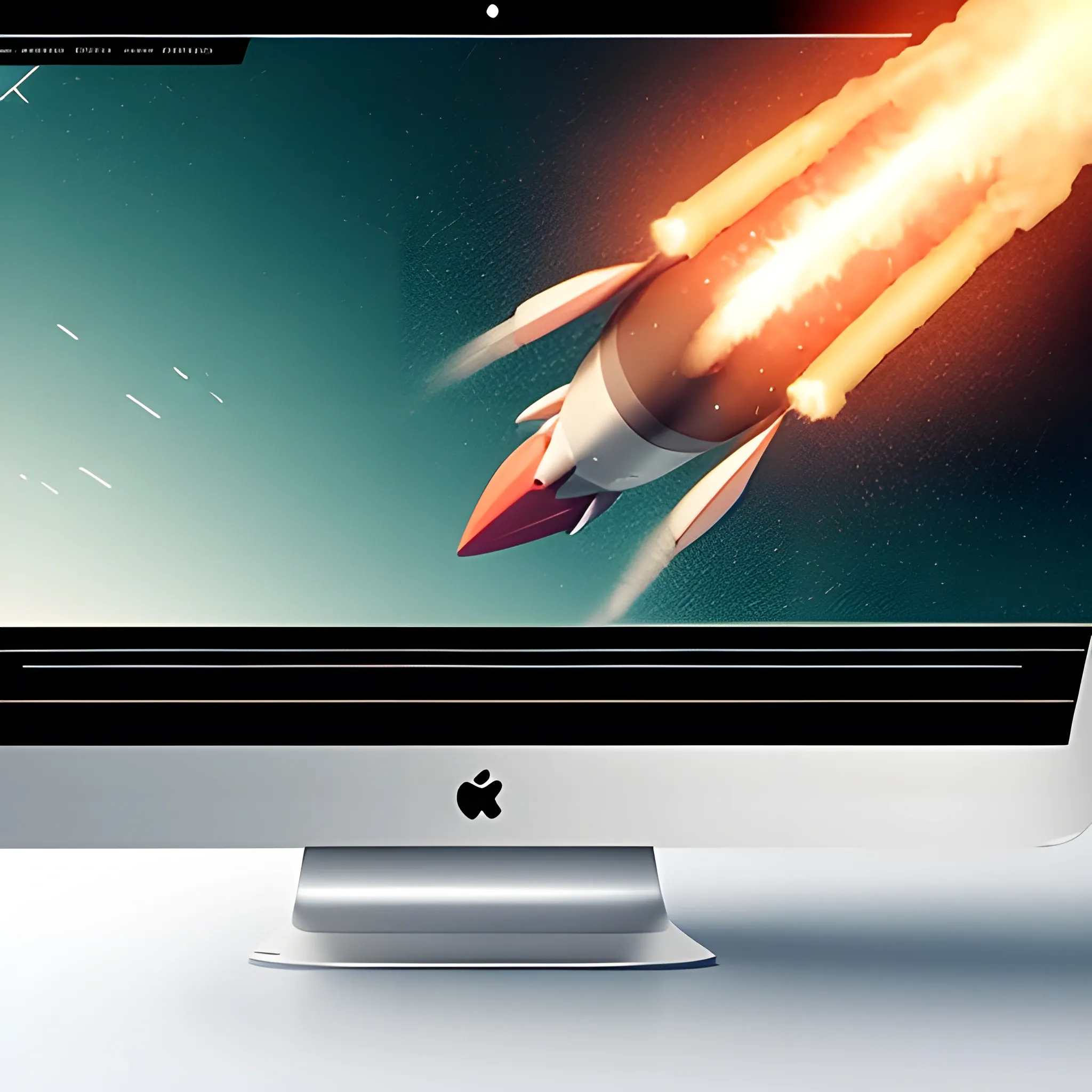 A rocket ship launching from a laptop screen, leaving a trail of website elements in its wake.