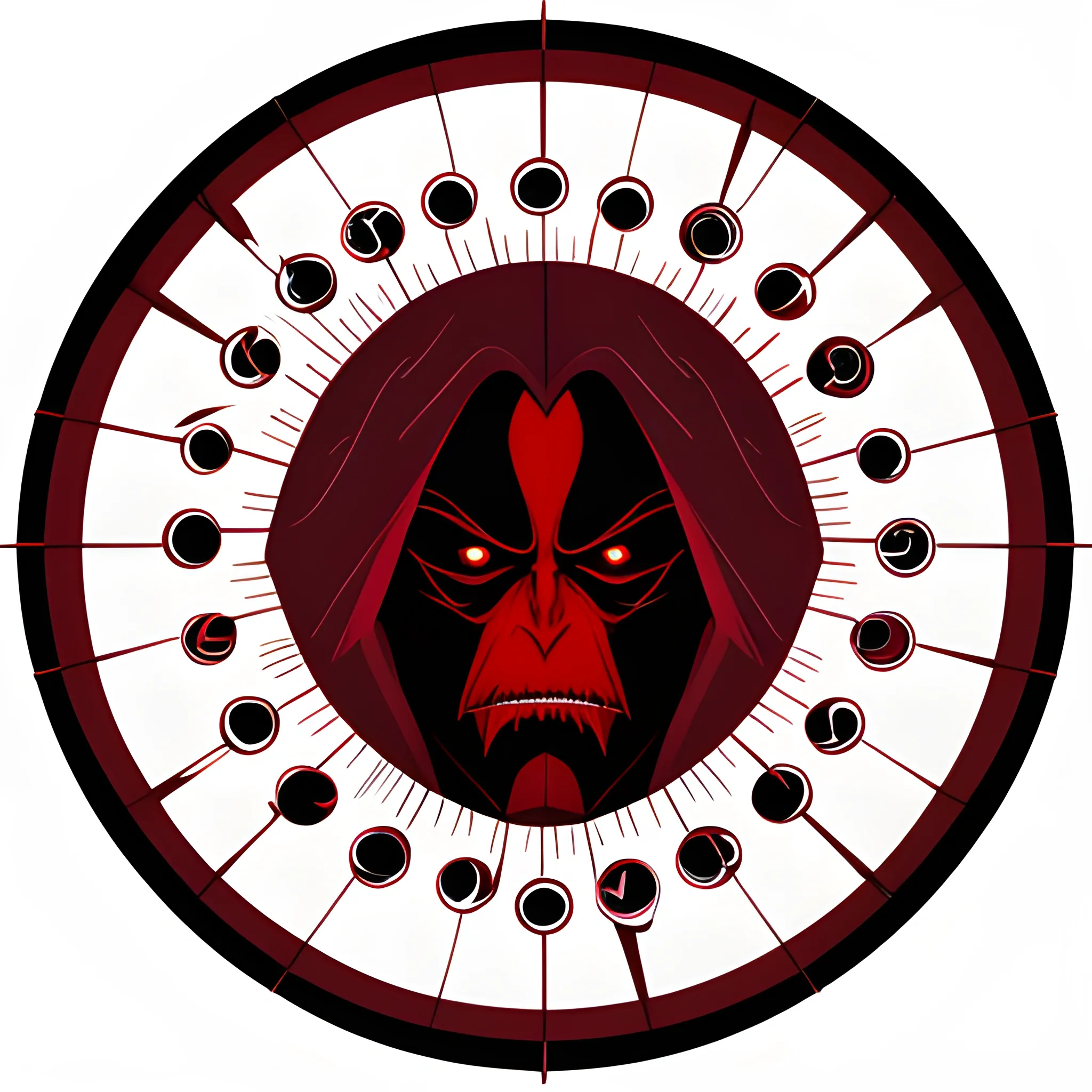 dark psychology, vector style, evil character, middle age, in a circle, realistic, mind, manipulation, color dark red black
