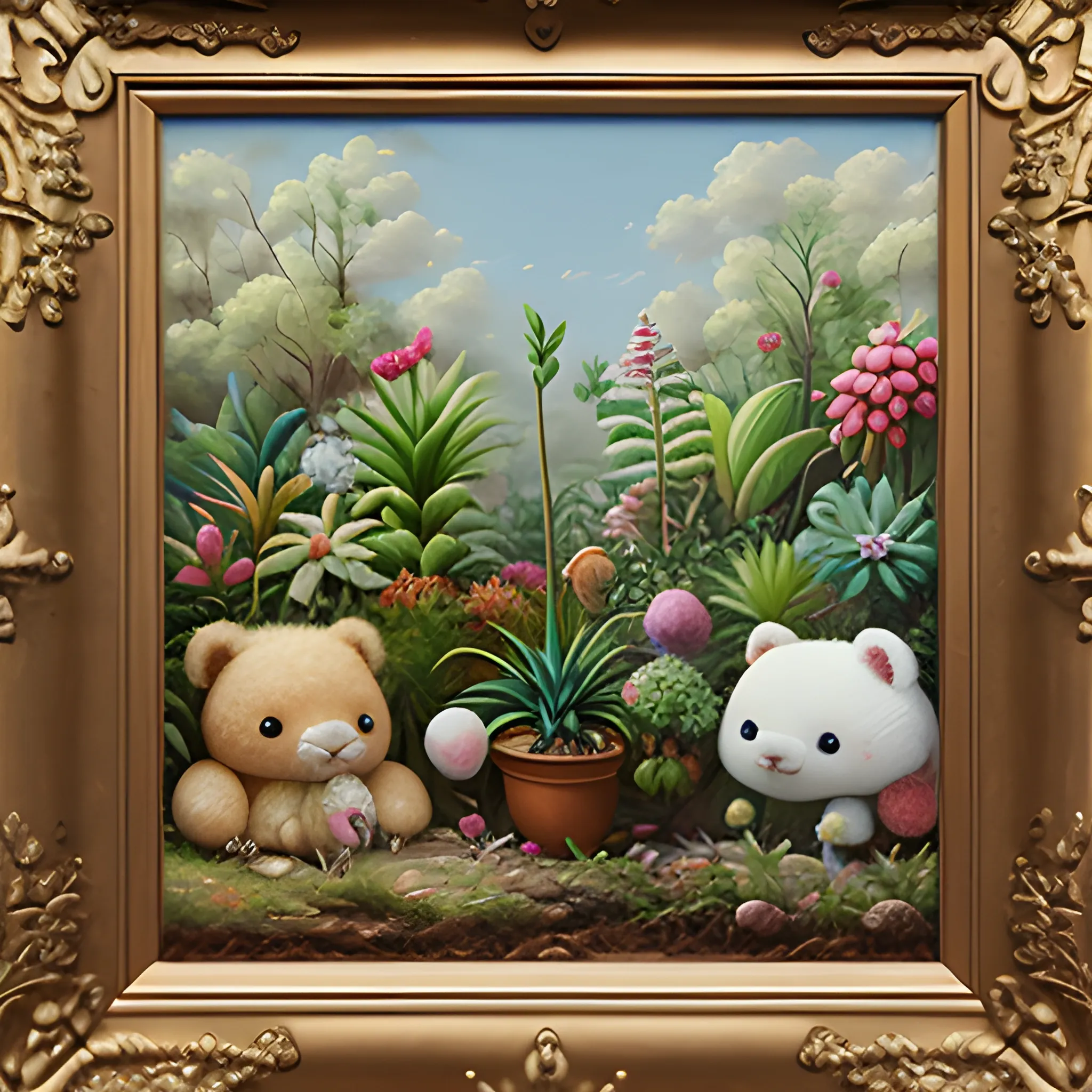 guerra de peluches contra plantas , Oil Painting, 3D