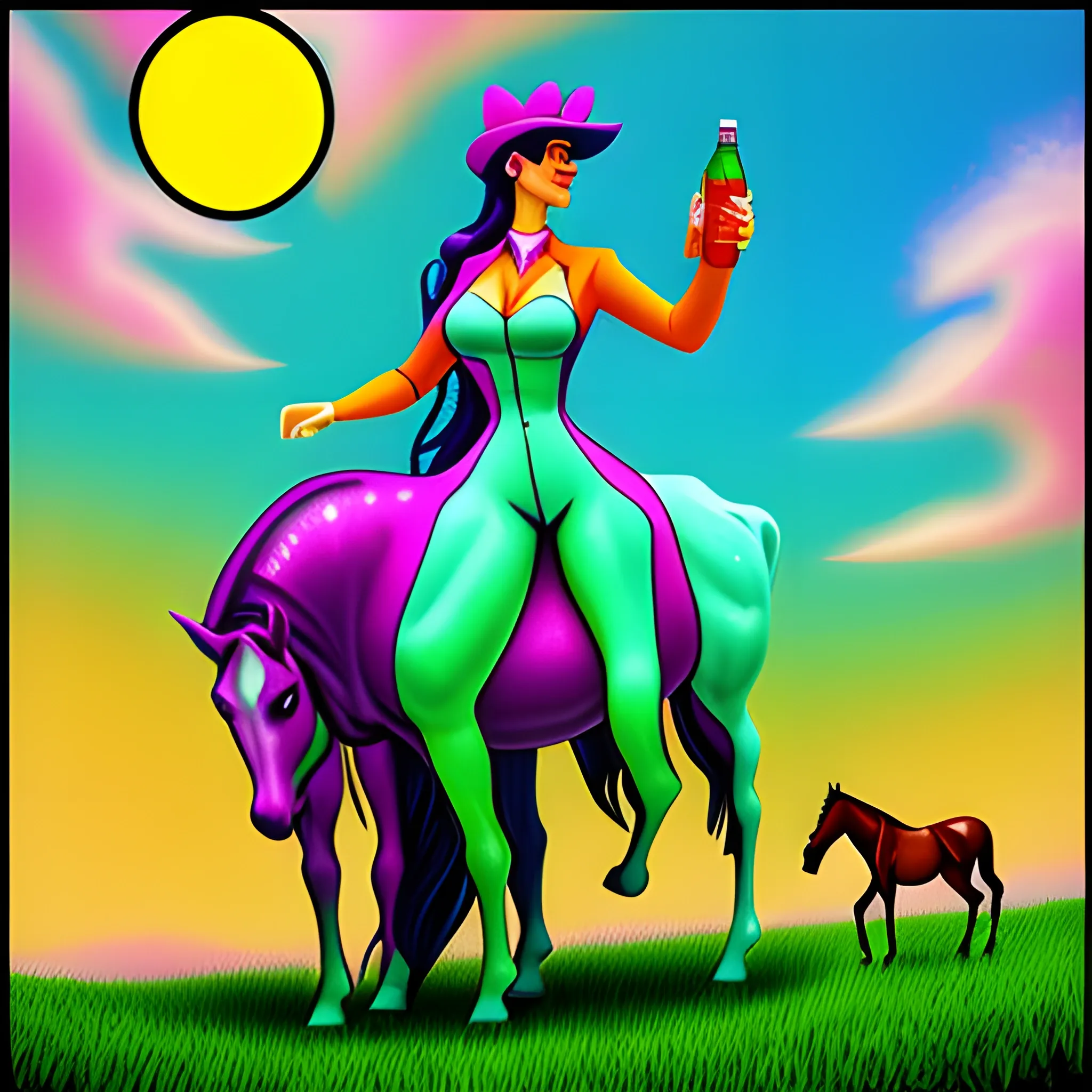 cowgirl with sprite bottle and a horse, Trippy