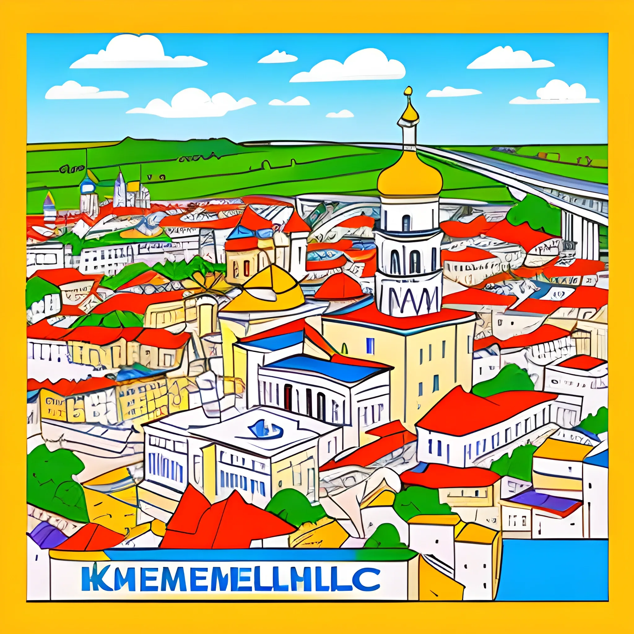 Draw a poster of the city of Khmelnytsky, but use few details , Cartoon