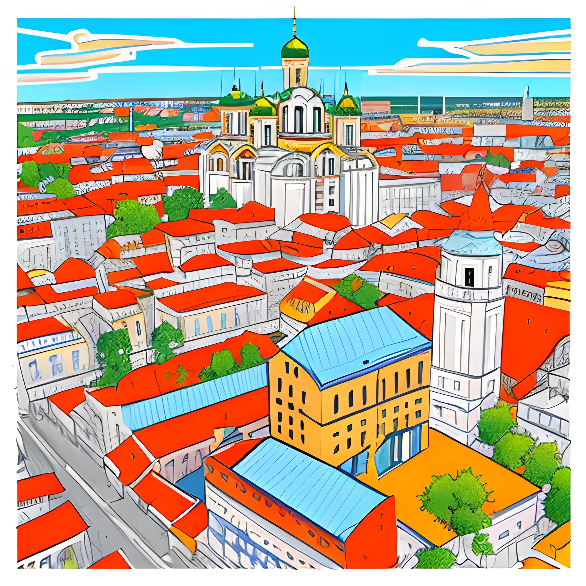 draw a poster of the city of Khmelnytsky, namely its architecture, but use few details, using no more than 4 colors, Cartoon