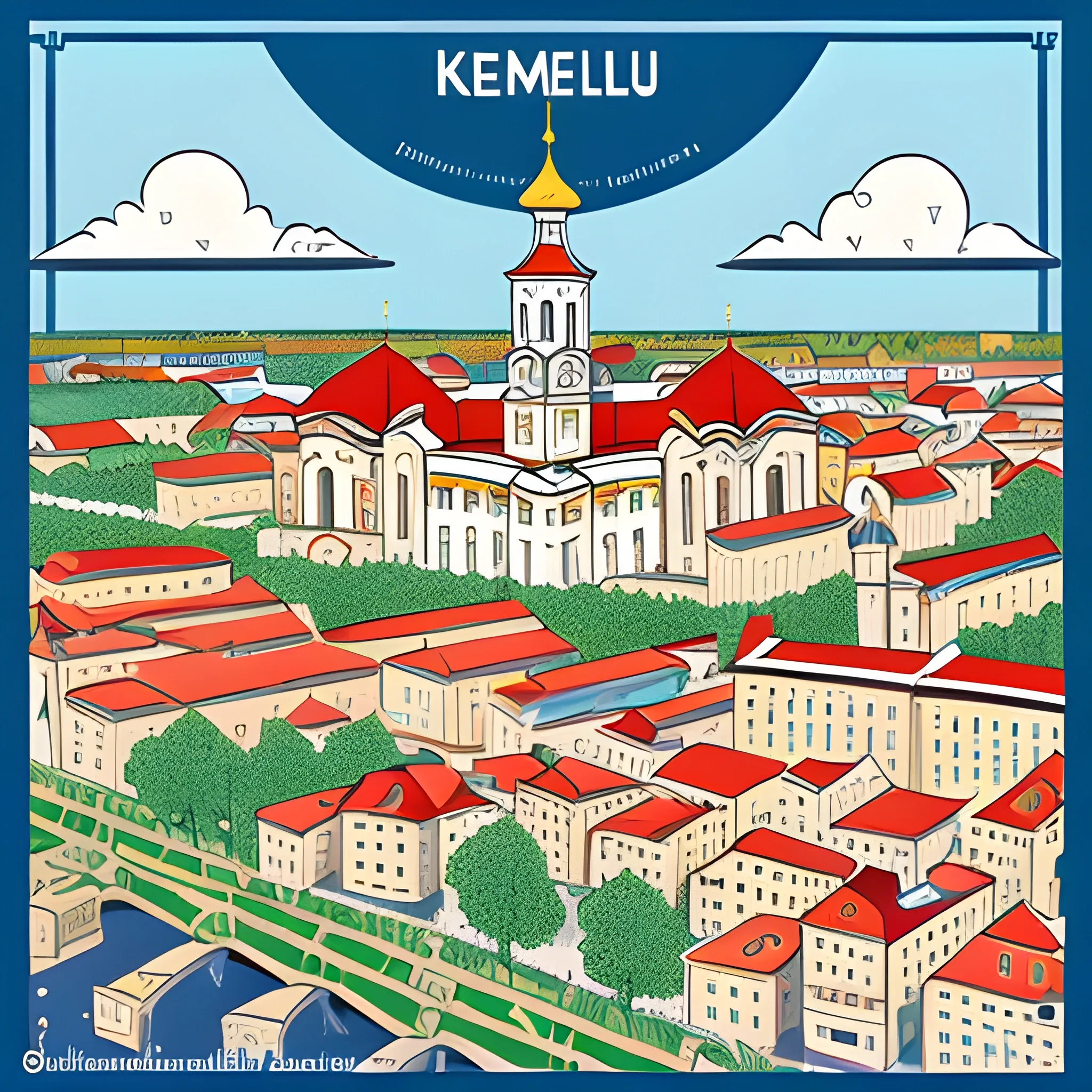 draw a poster of the city of Khmelnytsky, namely its architecture, but use few details, using no more than 4 colors, Cartoon