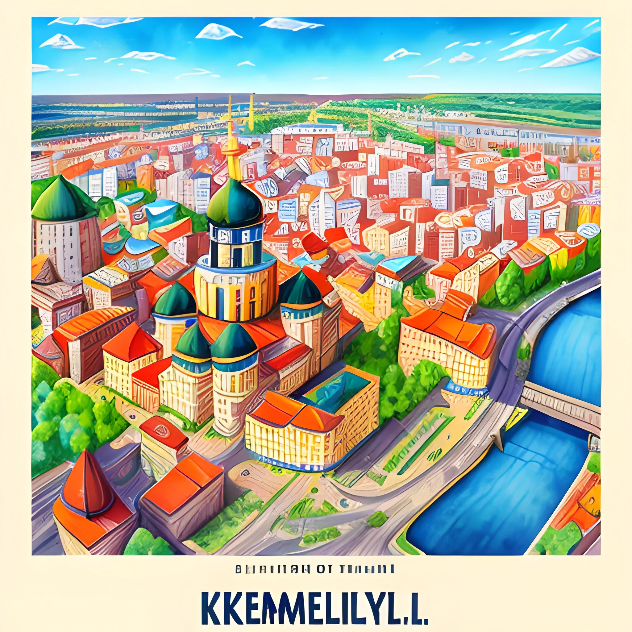 a poster depicting the city of Khmelnytskyi, Cartoon, 3D, Water Color, Trippy